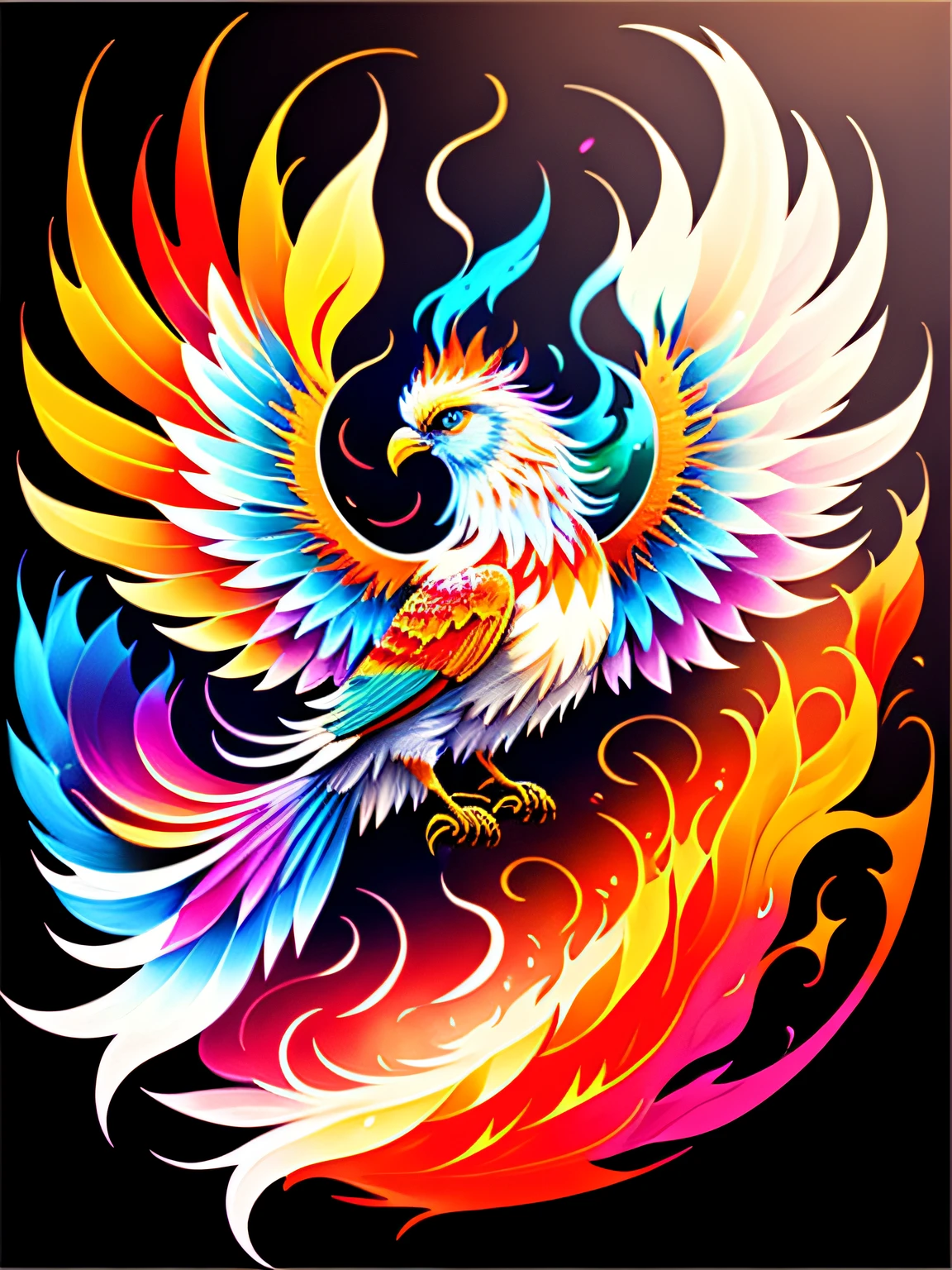 Colorful bird painting, phoenix rising from the ashes, breathtaking rendering, in radial connection, Kinuko Y. craft inspired, melting Valpix, magic element, white eagle icon, wow, beautiful, multi cast colored spell, bright flare, flare