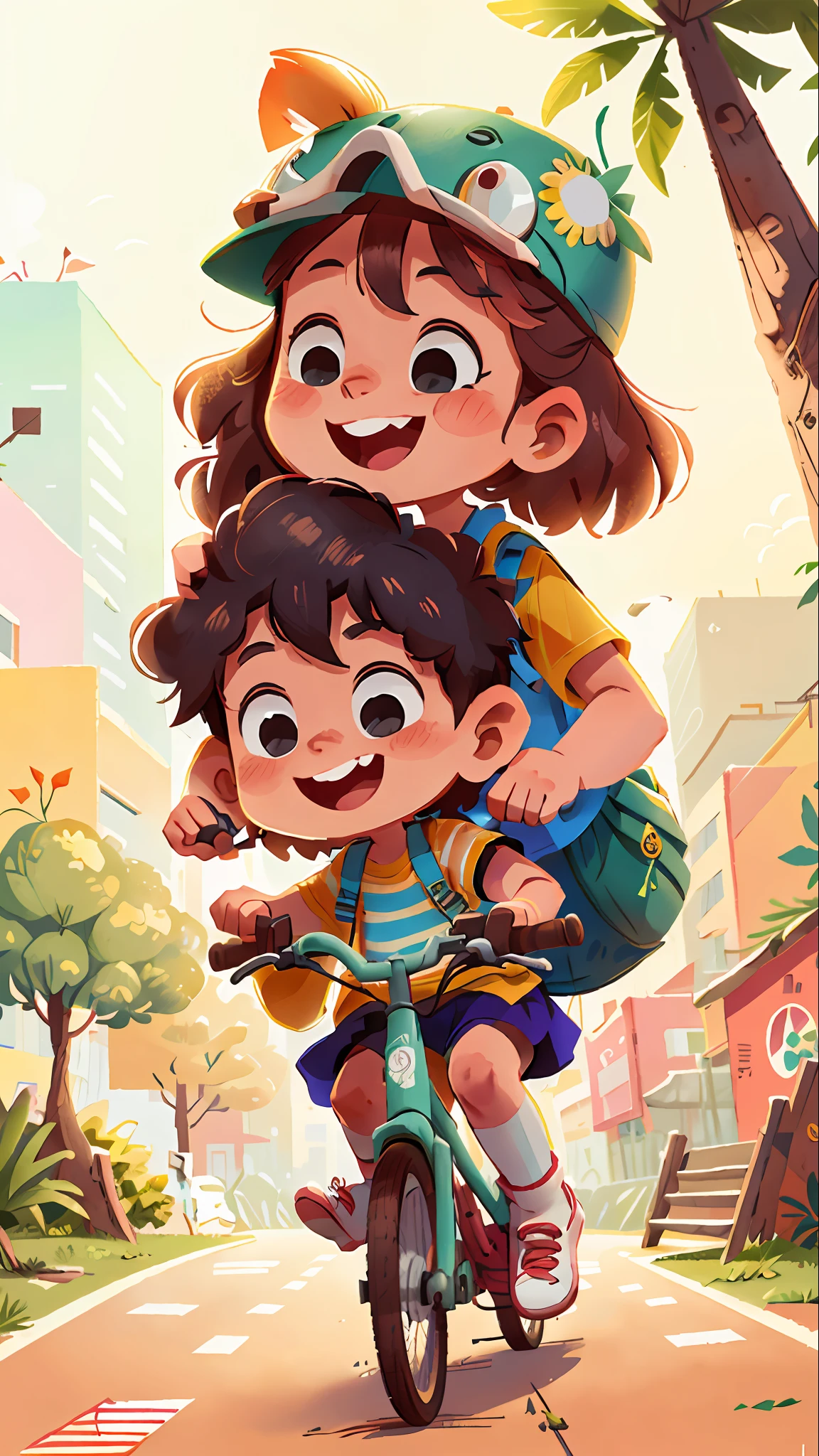 um pai ensinando uma menina andar de bicicleta, sorrindo parque ao fundo