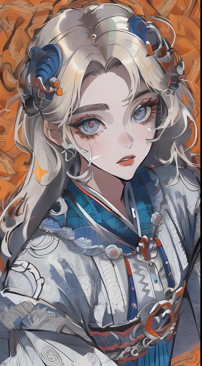 absurdres, highres, ultra detailed, 1girl, solo, extremely detailed eyes, Ultra-precise depiction, Ultra-detailed depiction, (zentangle:1.2), (dynamic pose), (abstract background:1.5), (treditional dress:1.2), short platinum blonde, (shiny skin), many colors, upper body, (from above)