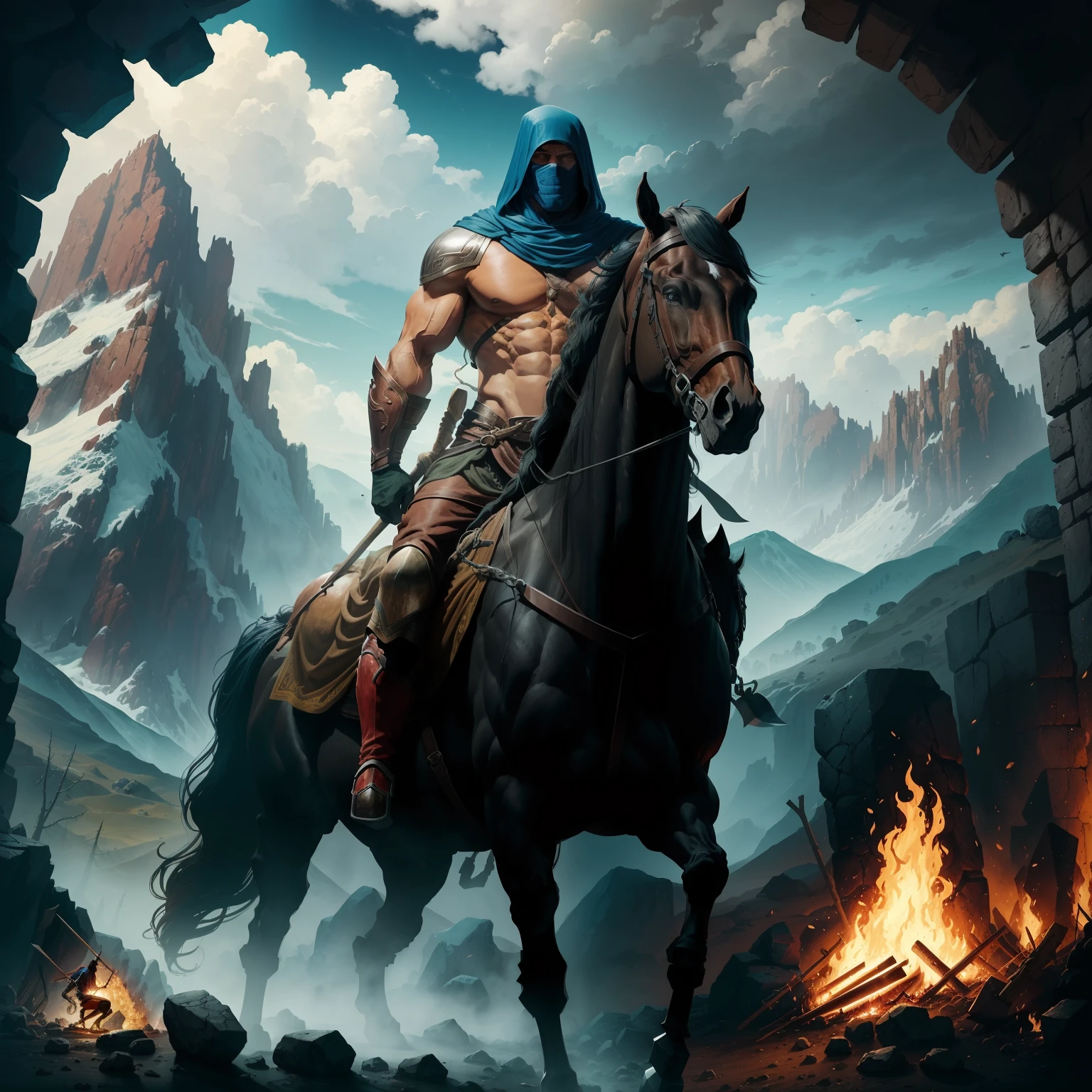 Imagem cartum, colorida, homem cavalo em chamas, Man muscular horse on fire holding an axe in his hands, epic scenery, super detalhado em 4k, rosto vivido perfeitos, olhos negros, corpo inteiros, Ruined scenery. --auto