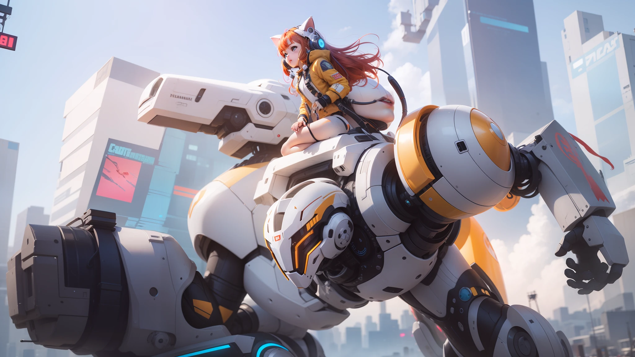 A child with red hair riding a big humanoid robots,cat headphone, futuristic era, colorful, Future city, ultra details, Best quality, a future age potrait, masterpiece, realistic, 8k, high resolution,