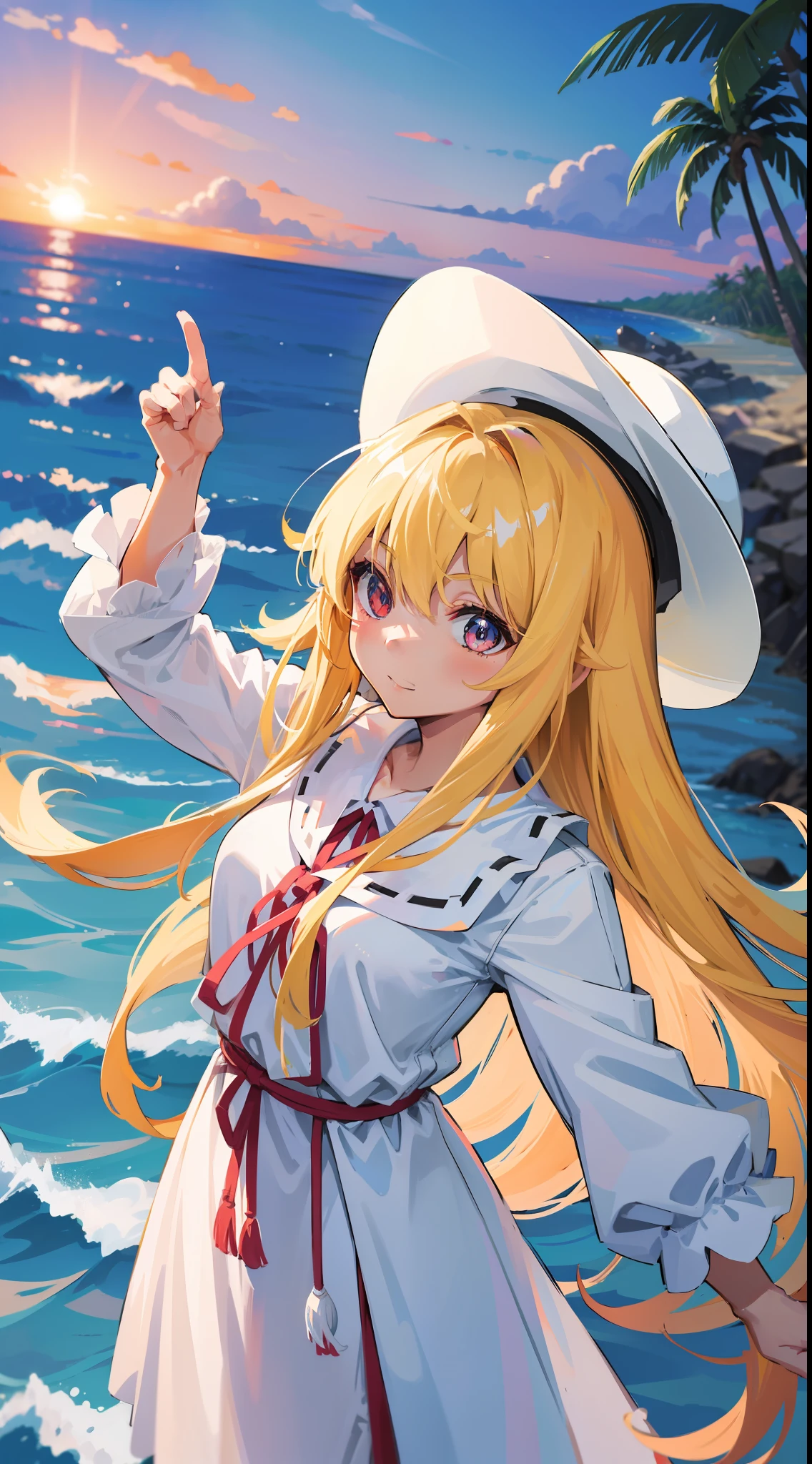 Become a woman。Blonde long-haired woman。Wearing a white dress、Wearing a white hat and sunglasses。We are in Hawaii。I'm at Sunset Beach。It is a colorful picture。It is an anime-style illustration。Beautiful with the best image quality