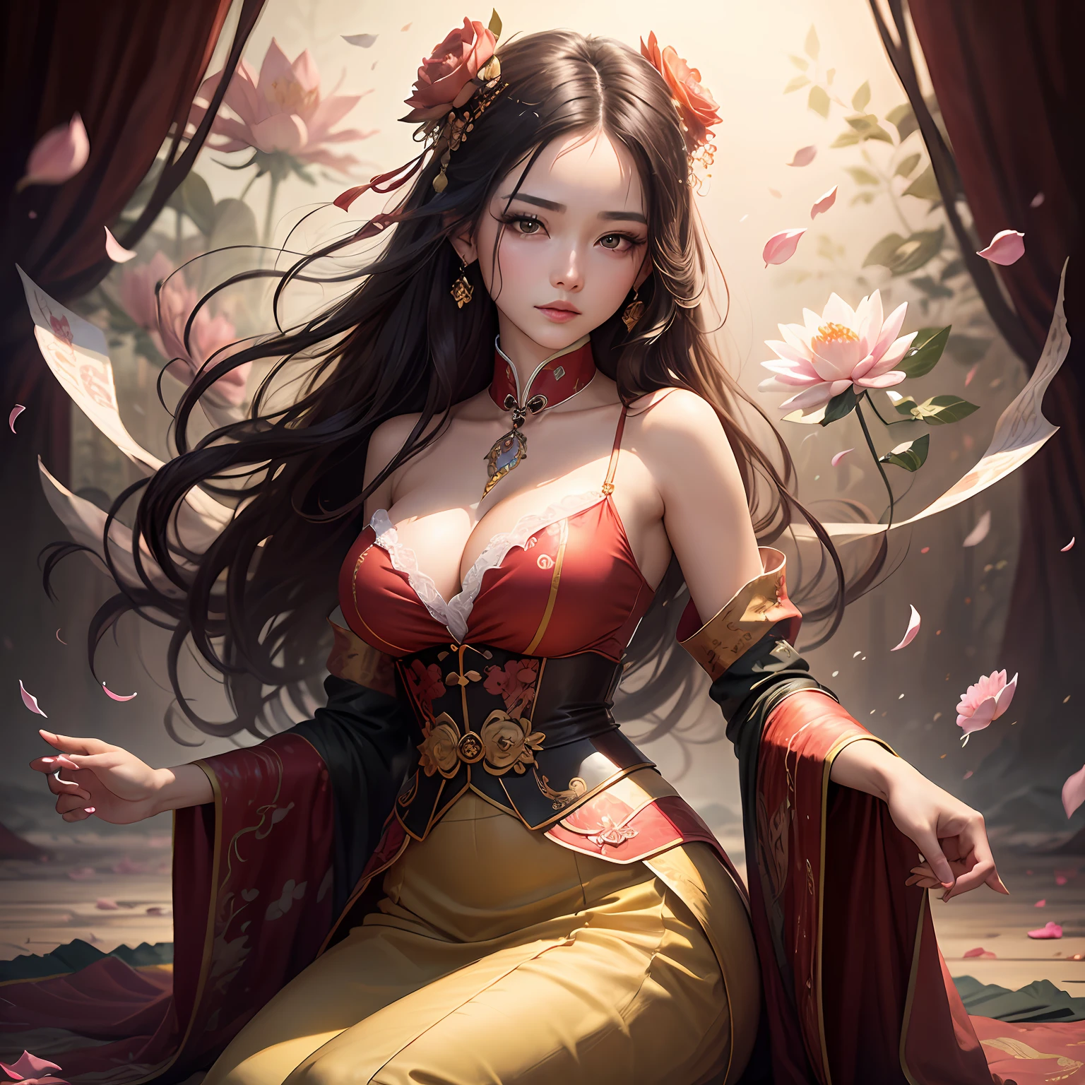 Highest image quality，tmasterpiece，Beautiful CG，Delicate and beautiful face，beautidful eyes，aquarelle、Splash ink、chinese paintings、Brown eyes、Long hair in period costume、long  skirt、Period costumes、Delicate and intricate hair accessories，Broken glass、Crystal lotus、petals、high light，Withering and falling petals，attractive cleavage --auto