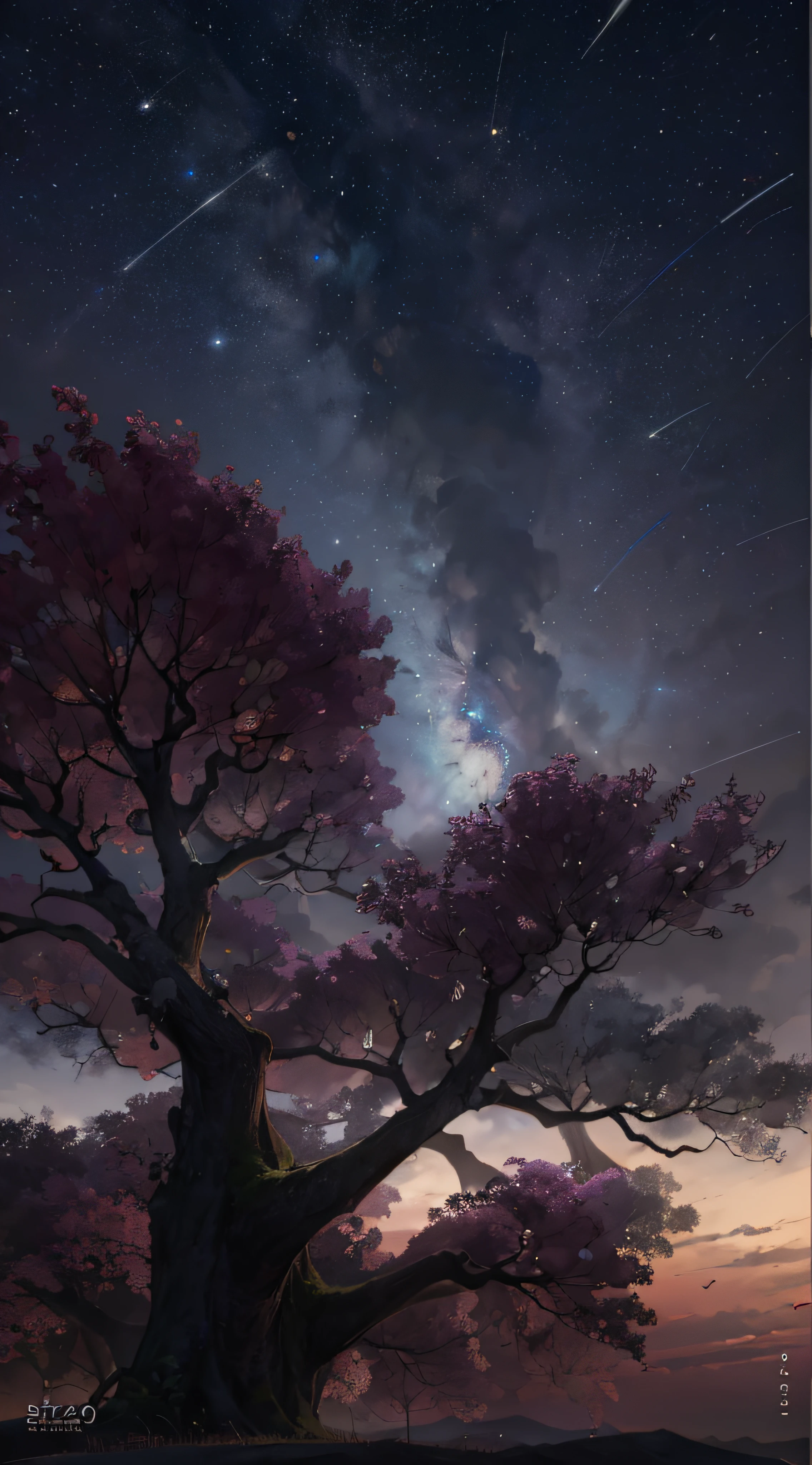 Expansive landscape photograph，（look from down，Above is the sky，Below are open fields），（moon full：1.2），（meteors：0.9），（Starcloud：1.3），Far Mountain, Tree BREAK making art，（Warm light source：1.2），（glowworm：1.2），lamp lights，Lots of purple and orange，Complicated details，Volumetriclighting，Realism BREAK（tmasterpiece：1.2），（best qualtiy），4K，Ultra-detailed，（dynamic compositions：1.4），The is very detailed，Colorful details，（Irridescent color：1.2），（luminouslighting，Atmospheric lighting），dream magical，magical，（独奏：1.2），（（best qualtiy））， （（tmasterpiece））， （the detail：1.4），depth of fields，maximum definition and sharpness，perfectly proportions，