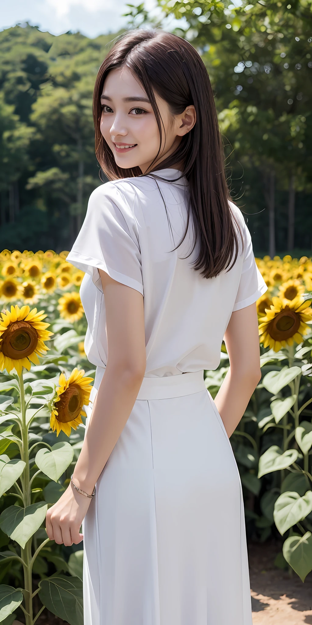 8K、top-quality、masterpiece、realisitic、The ultra-detailliert、Photo Real、hyper realstic、Smooth lighting、Improved lighting quality in movies、Realistic lighting、Back lighting、brightened light、enhanced quality、Sunflower fields of the highest quality、blue open sky、White Entrance Cloud、full bodyesbian、
write、Thin、cute face、A smile、beautiful finely detailed eyes、eyebrows are thin、Thin eyebrows、30 years old Japan、White blouses、Long skirt in white、A sexy、zoomed in