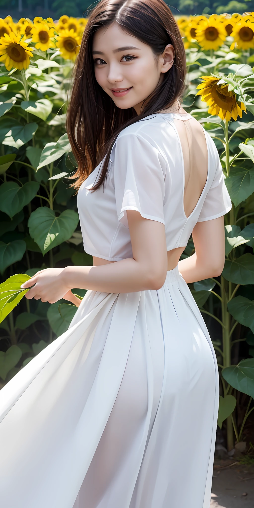 8K、top-quality、masterpiece、realisitic、The ultra-detailliert、Photo Real、hyper realstic、Smooth lighting、Improved lighting quality in movies、Realistic lighting、Back lighting、brightened light、enhanced quality、Sunflower fields of the highest quality、blue open sky、White Entrance Cloud、full bodyesbian、
write、Thin、cute face、A smile、beautiful finely detailed eyes、eyebrows are thin、Thin eyebrows、30 years old Japan、White blouses、Long skirt in white、A sexy、zoomed in