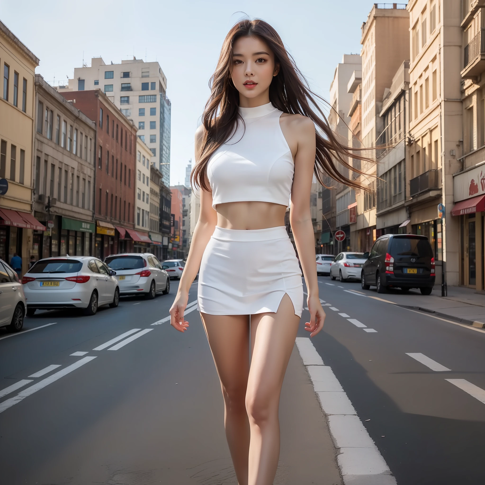 Araffe woman walking down the street in a white outfit - SeaArt AI