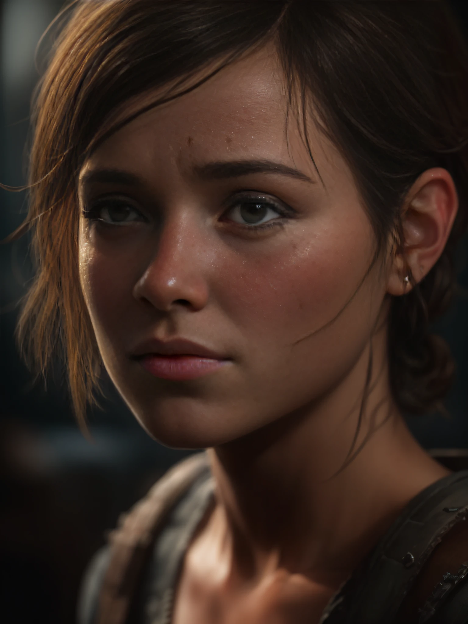 (the last of us:0.9), (Ellie:0.9), natural hair, realistic portrait, 4k, supreme detail, highly detailed, artstation, smooth, sharp focus, cinematic lighting, facing the camera, dark studio, rim lighting, two tone lighting, dimly lit, low key,