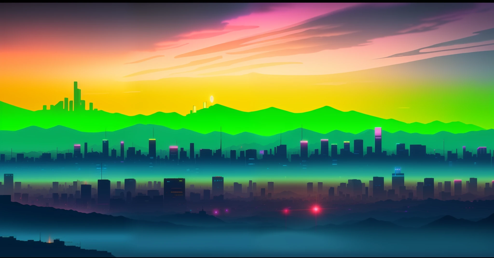 Colorful city skyline，The background is mountains, city sunset mist neon lights, vaporwave city, neon landscape, vaporwave sunrise background, City sunset, synthwave city, Colorful city, 4 k hd illustrative wallpaper, Neon city in the background, Neon City, 4 k hd wallpaper illustration, day cityscape, vaporwave sunset