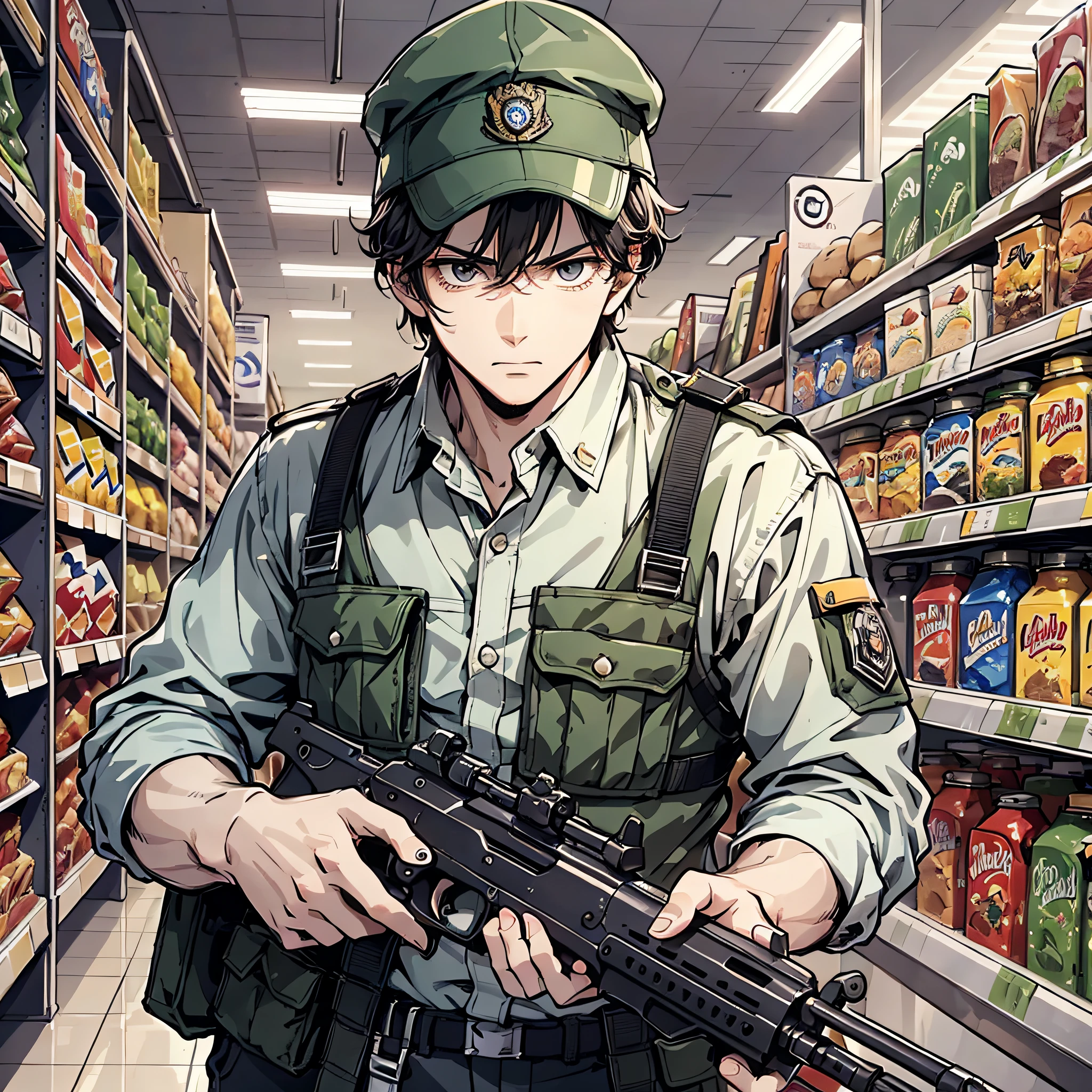 Ridiculous resolution，A high resolution，（tmasterpiece：1.4），Hyper-detailing，Young man，holding a pistol，preparing to fight，Special forces uniforms，Supermarket，The expression is serious