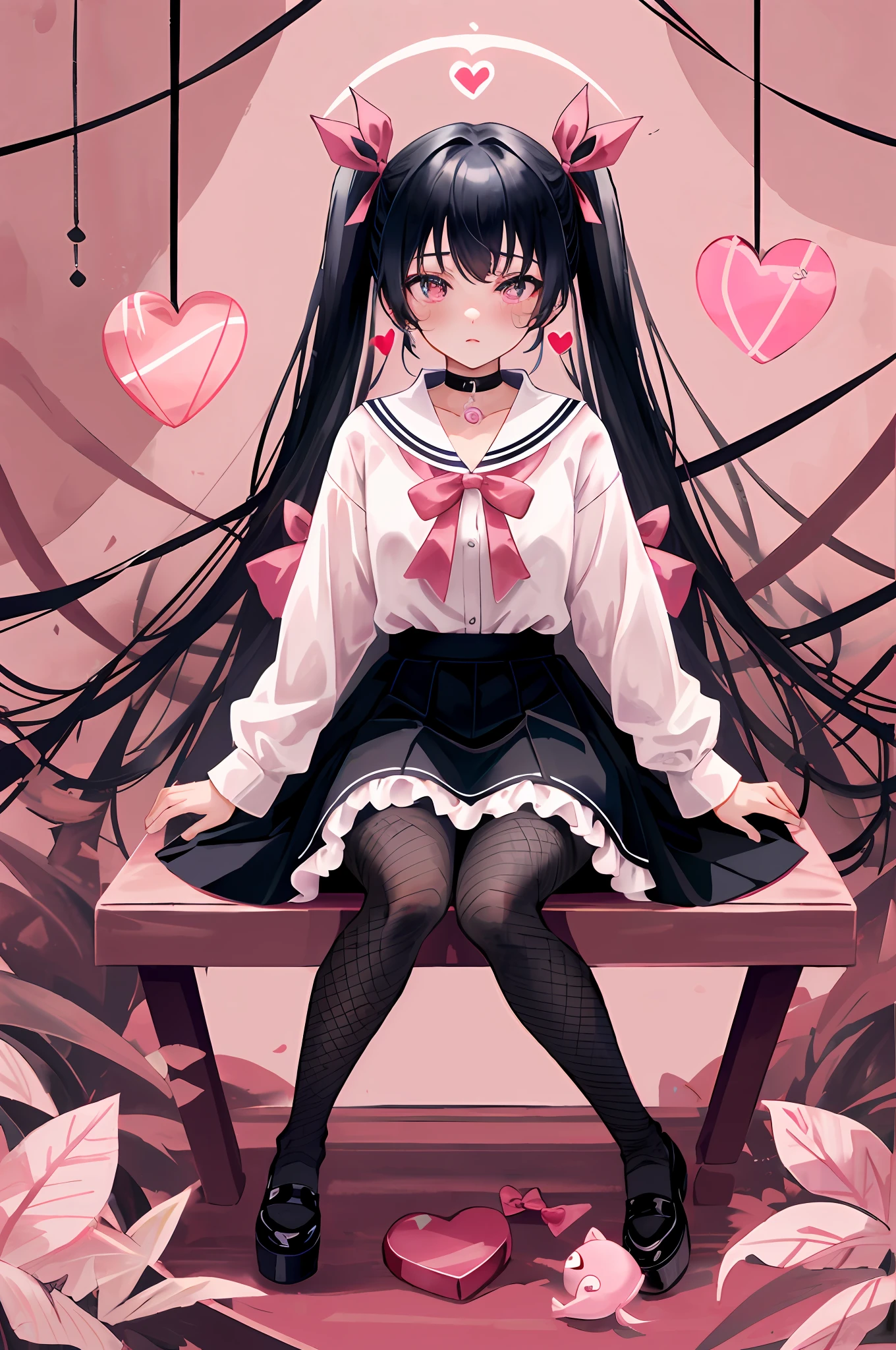 masterpiece, best quality, (jirai_kei),1girl, solo, long_hair, looking_at_viewer, shirt, black_hair, long_sleeves, bow, ribbon, twintails, sitting, monochrome, hair_bow, heart, pantyhose, frills, food, shoes, choker, blunt_bangs, black_skirt, pink_eyes, stuffed_toy, pink_background, stuffed_animal, frilled_skirt, pink_bow, (fishnets), candy, bandaid, pink_shirt, teddy_bear, lollipop, (fishnet_pantyhose), platform_footwear, pink_theme, pill, heart-shaped pupils,