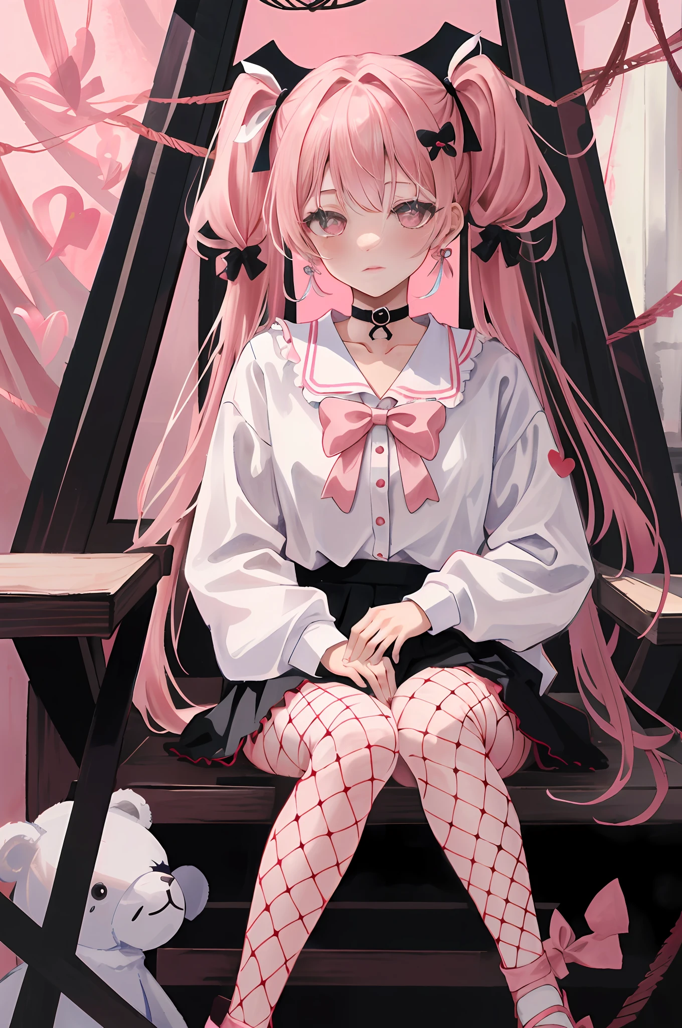 masterpiece, best quality, (jirai_kei),1girl, solo, long_hair, looking_at_viewer, shirt, black_hair, long_sleeves, bow, ribbon, twintails, sitting, monochrome, hair_bow, heart, pantyhose, frills, food, shoes, choker, blunt_bangs, black_skirt, pink_eyes, stuffed_toy, pink_background, stuffed_animal, frilled_skirt, pink_bow, (fishnets), candy, bandaid, pink_shirt, teddy_bear, pop, (fishnet_pantyhose), platform_footwear, pink_theme, pill, heart-shaped pupils,