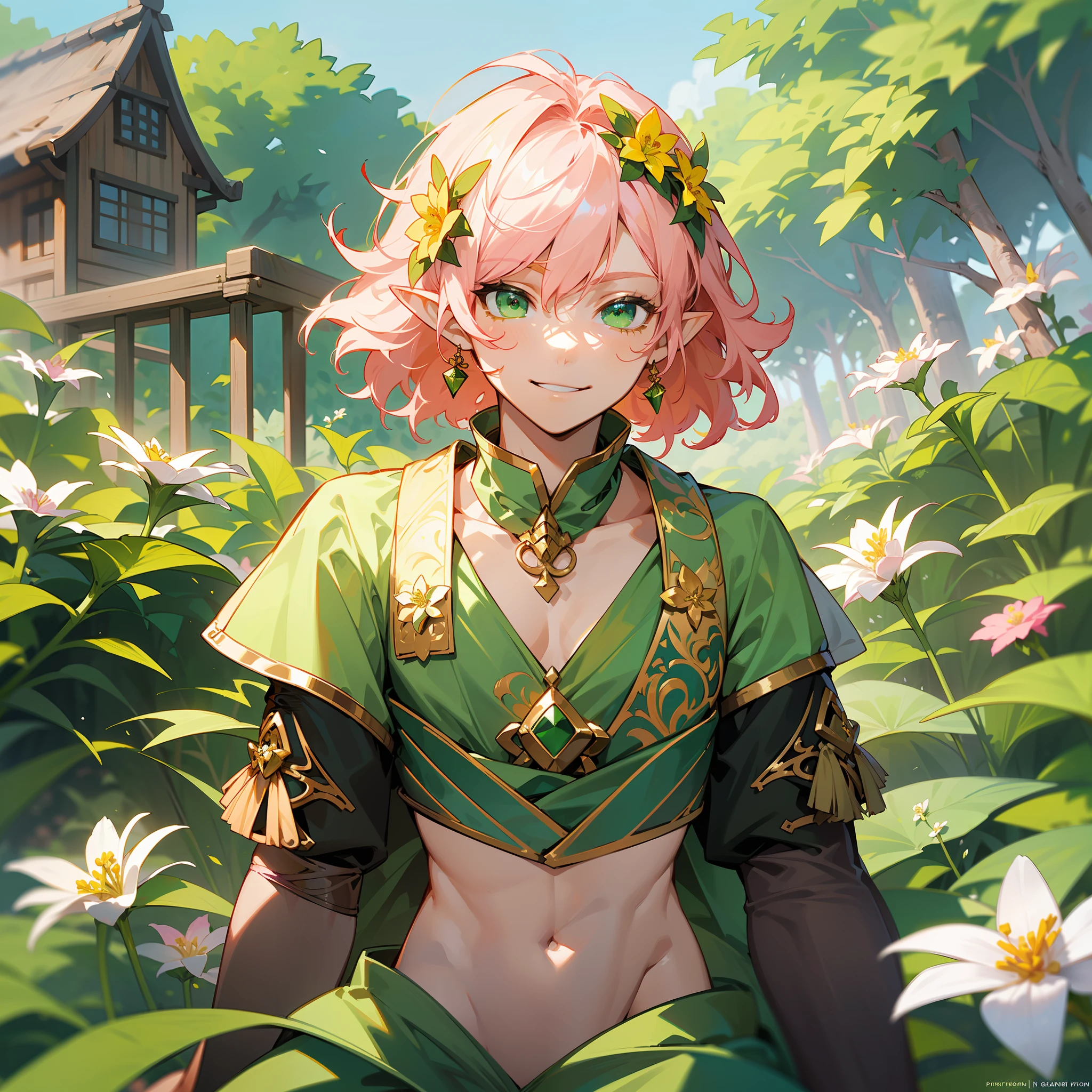 young man, twink, (((male))), (((man))), (1guy), (((single))), (((solo))), (((very light pink hair))), (((light green eyes))), (medium short hair), (chin-length hair), wavy hair, slim body, ((flat chest)), (((fantasy style))), (((wearing flowers in his hair))), (((green leaves in his hair))), flowercrown, ((pointy ears)), (((light green colored eyes))), smooth skin, bare legs, revealing clothes, white flowers, (yellow flowers), gold details, summer, smiling, garden in the background, pond in the background
