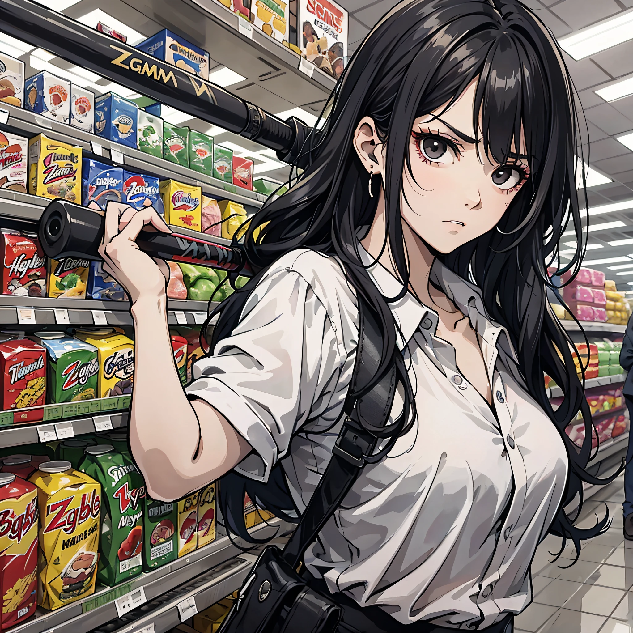 Ridiculous resolution，A high resolution，（tmasterpiece：1.4），Hyper-detailing，cabelos preto e longos, 1 middle-aged woman, Black eyes, White shirt，Holding a weapon，Supermarket，Zombie apocalypse，Zombie outbreak，With a baseball bat，aggrieved look