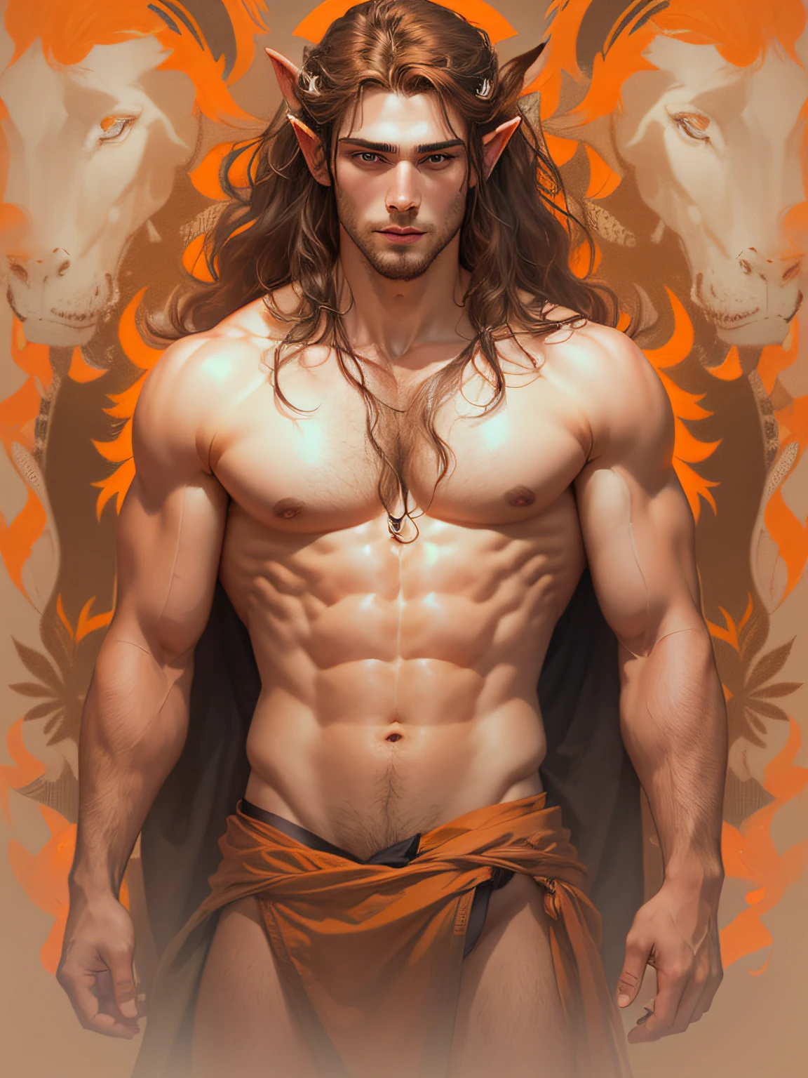 A full body image like a renaissance art piece of one extremely handsome male elf naked wearing just a small black thong, clean shaved, athletic body, (white skin), bare chest, (long orange scruffy hair), serene expression, small waist, muscular.