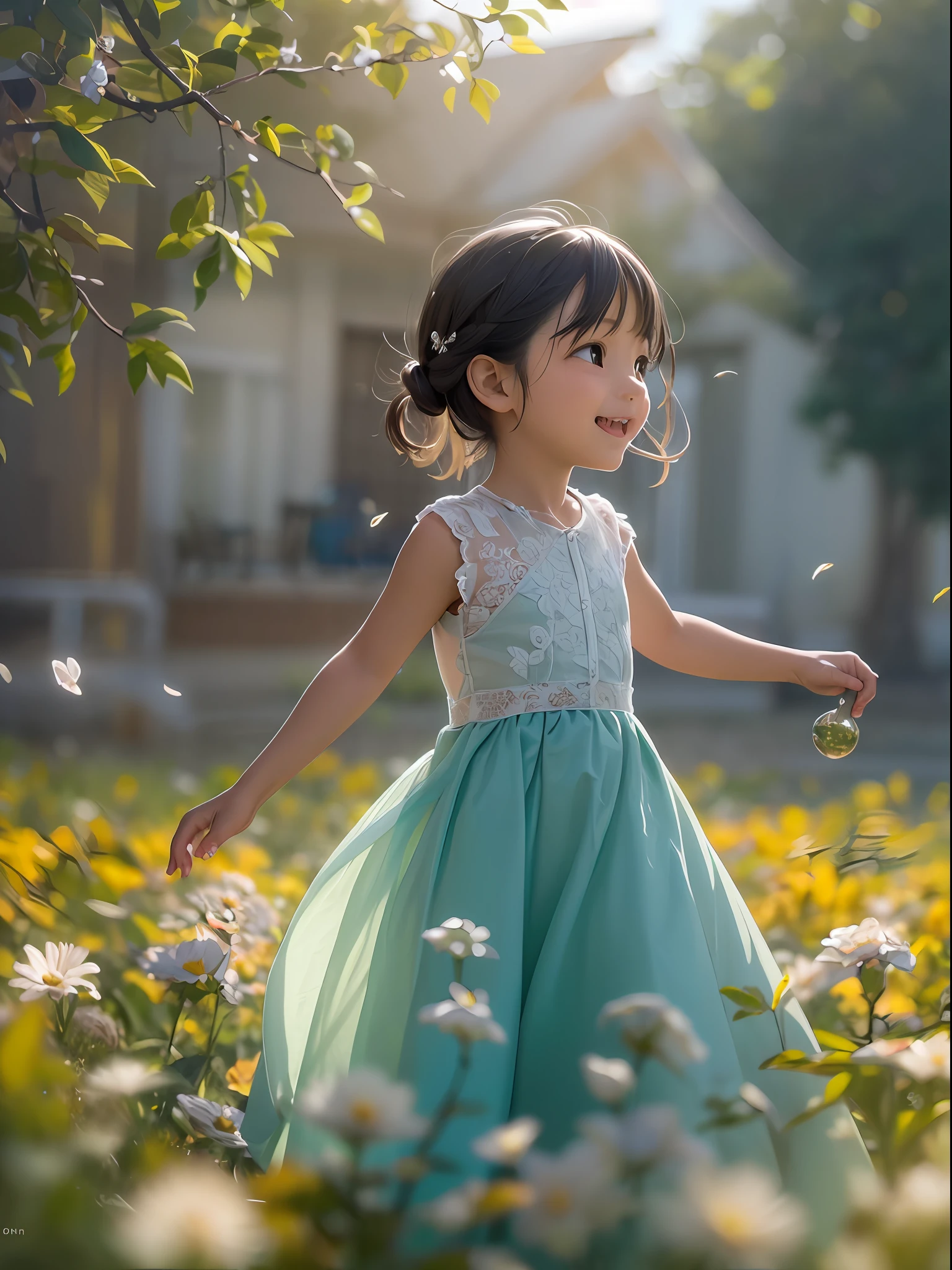 (masterpiece, high resolution:1.3), (playful child:1.2), (5-year-old Asian girl:1.1), (clear blue sky on a sunny day:1.1), (vibrant greenery in the park:1.1), (lush and colorful flowers:1.1), (gently swaying in the breeze:1.1), (blissful atmosphere:1.1), (sparkling sunlight, casting warm rays:1.2), (bright and cheery ambiance:1.1), (innocent and curious gaze:1.1), (clear and light-colored eyes, shimmering with wonder:1.2), (adorable smile, radiating happiness:1.1), (bouncing dark hair, framing her face:1.1), (playful movements, skipping towards the flowers:1.2), (soft laughter, echoing through the air:1.1), (tiny hands reaching out to touch the petals:1.1), (fascinating butterfly, perched on a blooming flower:1.1), (vivid and multi-colored wings:1.2), (gentle flutters, mesmerizing the child:1.1), (timeless moment, frozen in joy:1.1), (parental presence in the background, watching with pride:1.1), (mixture of excitement and serenity:1.2), (life's enchantment captured in the scene:1.1). Captured using the Canon EOS R6 camera paired with the Canon RF 85mm f/1.2 L USM lens, Cinematic, Hyper-detailed, insane details, Beautifully color graded, Unreal Engine, DOF, Super-Resolution, Megapixel, Cinematic Lightning, Anti-Aliasing, FKAA, TXAA, RTX, SSAO, Post Processing, Post Production, Tone Mapping, CGI, VFX, SFX, Insanely detailed and intricate, Hyper maximalist, Hyper realistic, Volumetric, Photorealistic, ultra photoreal, ultra-detailed, intricate details, 8K, Super detailed, Full color, Volumetric lightning, HDR, Realistic, Unreal Engine, 16K, Sharp focus, Octane render --v testp