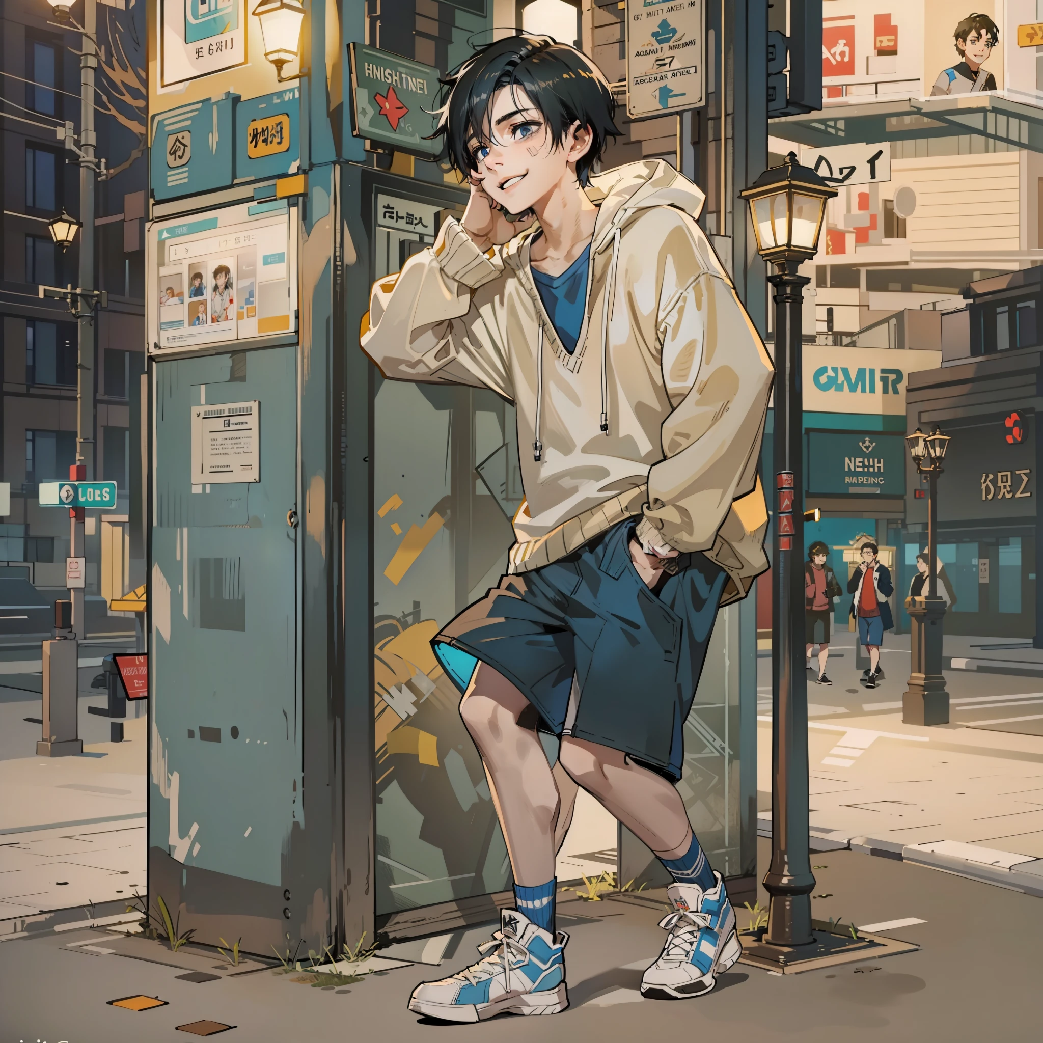 a sketch of an anime boy, black wavy hair, blue eyes, printed graphic sweater over white t-shirt, beige shirt, knee high socks, sneakers, street, boy standing on a street, leanimg on lamp post, nighttime, soft and warm lighting, aesthetic vibe, ((1boy)), ((solo, one guy, solo photo, alone)), passport shot, smirking, happy, glad