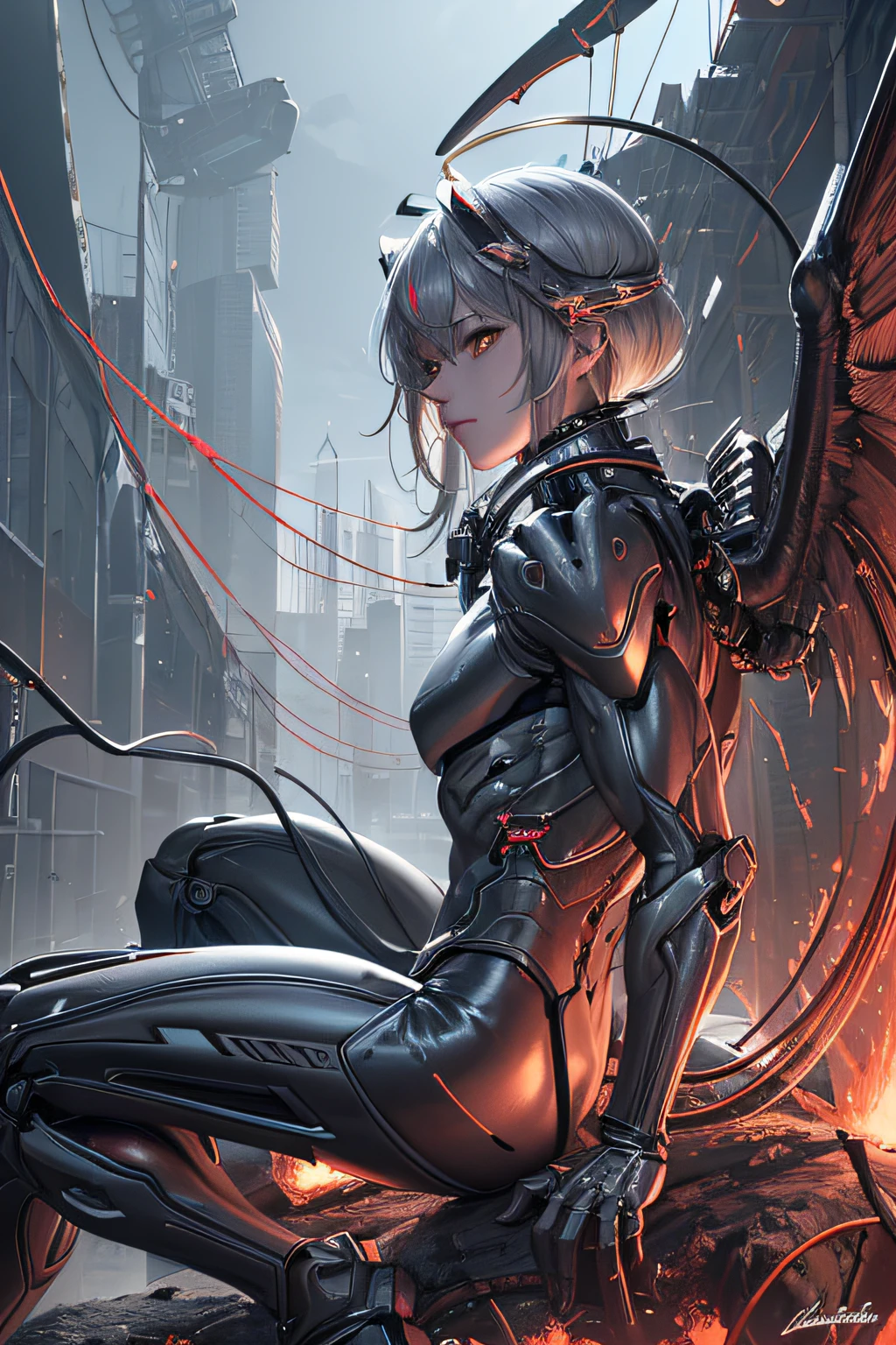 ((((masterpiece))), ((best quality))), ((ultra-detailed)), (CG illustration), ((an extremely buff and muscular)),(from side),cinematic light, ((1 mechanical man)), single, full-body, (machine-made joint: 1.2), ( (mechanical limbs)), (blood vessels connected to tubes), (mechanical spine connected to back), ((mechanical cervical vertebrae attached to neck)),((mechanical angel- like wings attached to back)), (halo), (sitting), serious grin, (wires and cables around the neck: 1.2), (wires and cables on the head: 1.2) (character focus), sci-fi, extremely buff, colored, the finest grey hair, yellow eyes, in battle, (knotted), (killing), (1 immortal)
