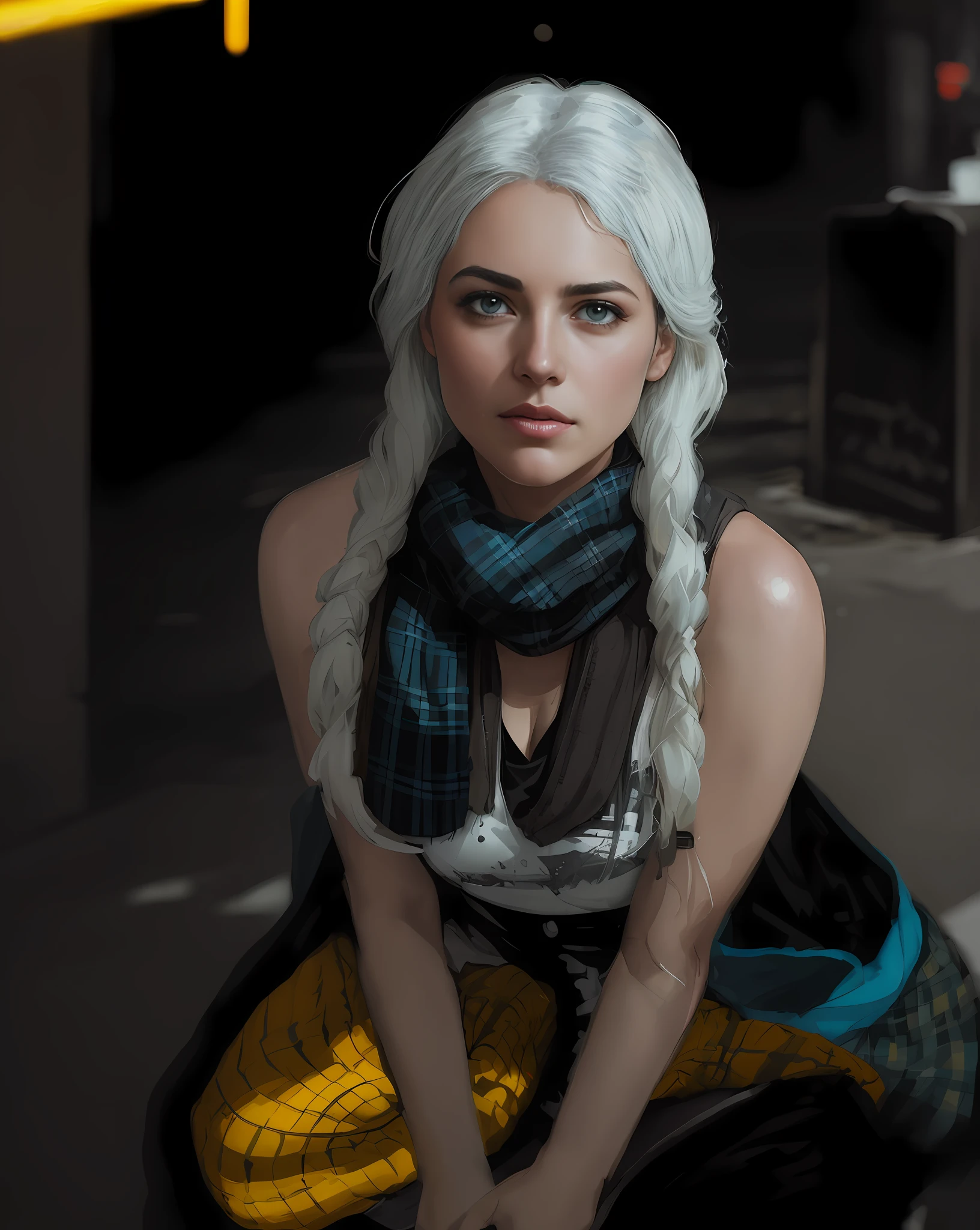 (dark shot:1.1), epic realistic, portrait of halo, sunglasses, blue eyes, tartan scarf, white hair by atey ghailan, by greg rutkowski, by greg tocchini, by james gilleard, by joe fenton, by kaethe butcher, gradient yellow, black, brown and magenta color scheme, grunge aesthetic!!! graffiti tag wall background, art by greg rutkowski and artgerm, soft cinematic light, adobe lightroom, photolab, hdr, intricate, highly detailed, (depth of field:1.4), faded, (neutral colors:1.2), (hdr:1.4), (muted colors:1.2), hyperdetailed, (artstation:1.4), cinematic, warm lights, dramatic light, (intricate details:1.1), complex background, (rutkowski:0.66), (teal and orange:0.4)