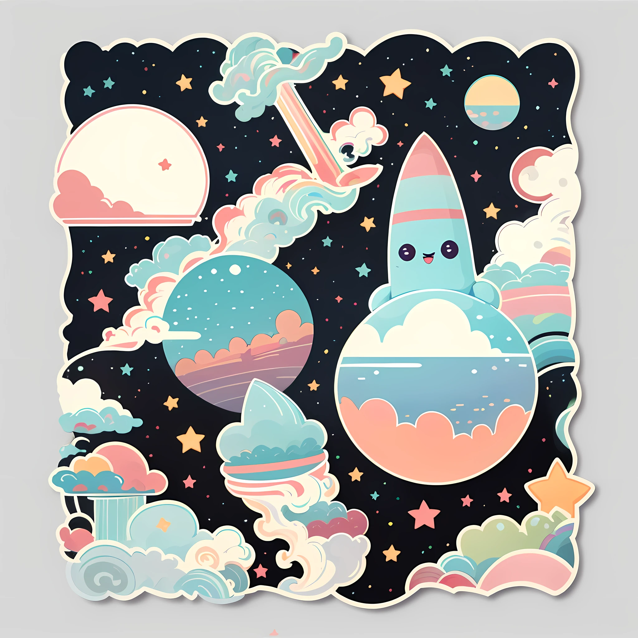 1sticker，a sticker， Nikkaze，1boys，Clouds，Behind it is a huge round moon，stars， white backgrounid， nothing background， simple backgound， dk， adolable， Small， pastel colour， vectorstyle， no gradien