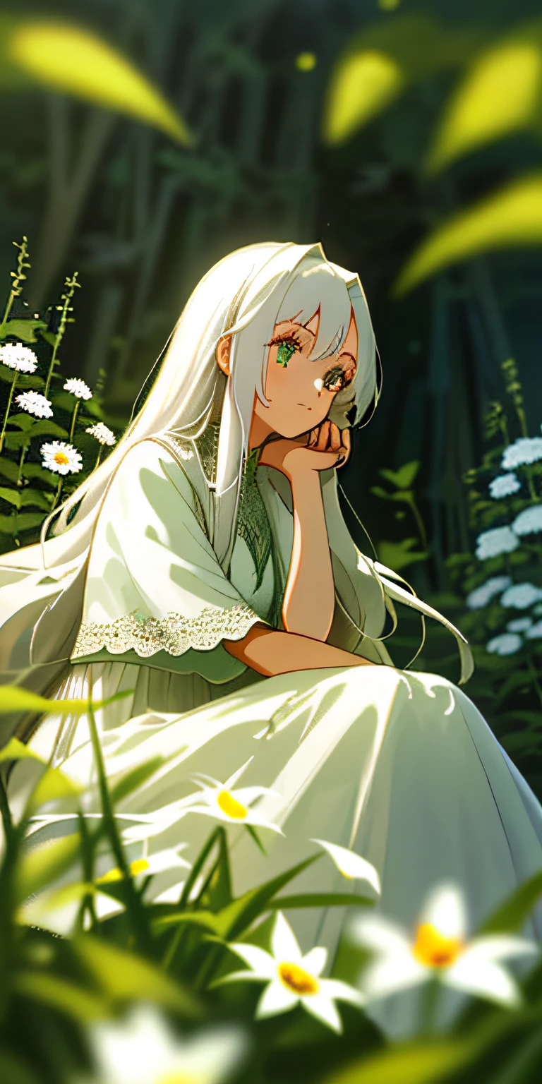 (masterpiece, best quality),1girl with long white hair sitting in a field of green plants and flowers, her hand under her chin, warm lighting, white dress, blurry foreground