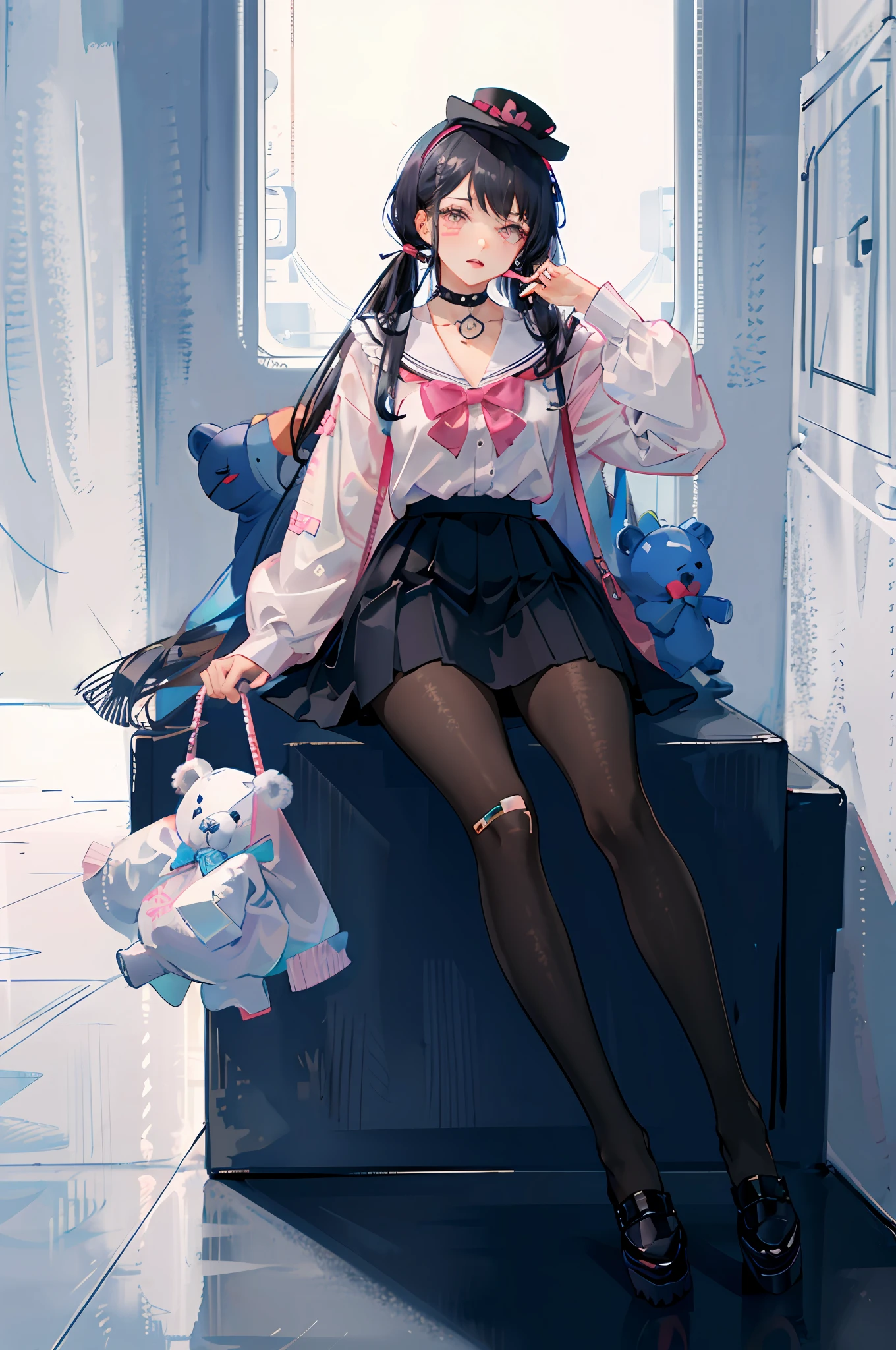 masterpiece, best quality, (jirai_kei),1girl, solo, long_hair, looking_at_viewer, shirt, black_hair, long_sleeves, bow, ribbon, twintails, sitting, monochrome, hair_bow, heart, pantyhose, frills, food, shoes, choker, blunt_bangs, black_skirt, pink_eyes, stuffed_toy, pink_background, stuffed_animal, frilled_skirt, pink_bow, (fishnets), candy, bandaid, pink_shirt, teddy_bear, lollipop, (fishnet_pantyhose), platform_footwear, pink_theme, pill, heart-shaped pupils,