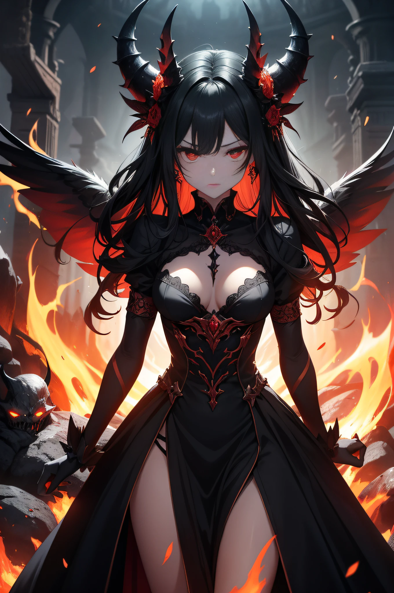 (Best Quality:1.5), (Exquisite CG), (High resolution:1.5)、It depicts the demons of hell ascending from the earth in a vicious form.。The background of hell is dense and delicate.、The spectacle is full of horror and wickedness。Simmering magma spreads、Dark shiny craggy rocks cover the ground of hell。Red and orange flames soar、There's an eerie atmosphere that envelops everything in darkness.。

There is an army of terrifying demons on the ground.、The figure is so vicious that it causes fear.。They look malicious、Shows ferocity。The demons of hell symbolize the power of evil、They are appearing on earth to do evil deeds.。

At the head of the legion of demons stands the brilliant Queen of Hell。She is enveloped in terrifying beauty、I have a wand of hell in my hand。The staff symbolizes evil power.、Shows the authority and control of the Queen of Hell。

This scene is meticulously described.、The horrors of hell will cast a deep shadow on the hearts of those who see them.。The beauty of hell, filled with wickedness and darkness,、Will bring fear and awe。