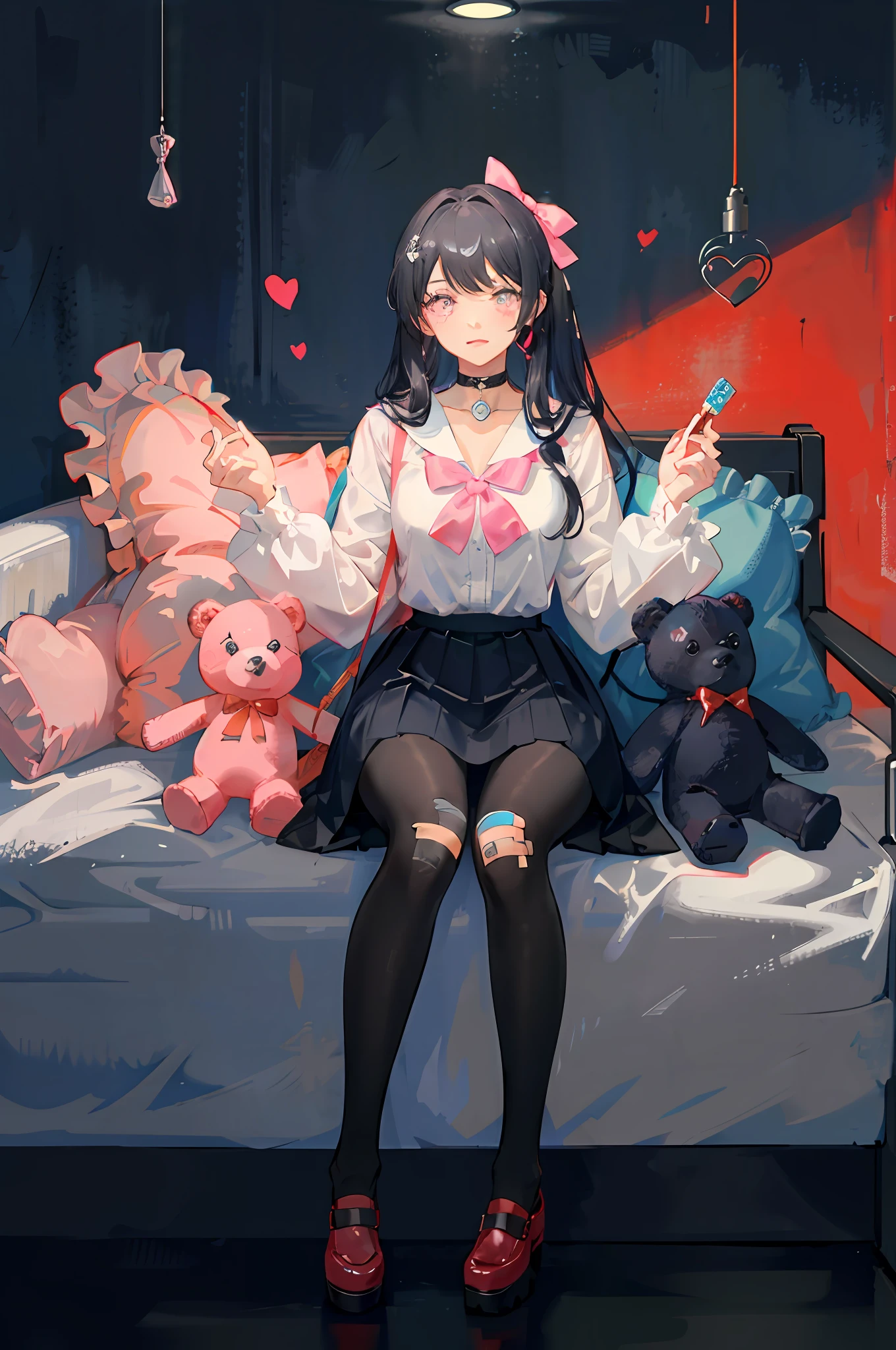 masterpiece, best quality, (jirai_kei),1girl, solo, long_hair, looking_at_viewer, shirt, black_hair, long_sleeves, bow, ribbon, twintails, sitting, monochrome, hair_bow, heart, pantyhose, frills, food, shoes, choker, blunt_bangs, black_skirt, pink_eyes, stuffed_toy, pink_background, stuffed_animal, frilled_skirt, pink_bow, (fishnets), candy, bandaid, pink_shirt, teddy_bear, lollipop, (fishnet_pantyhose), platform_footwear, pink_theme, pill, heart-shaped pupils,
