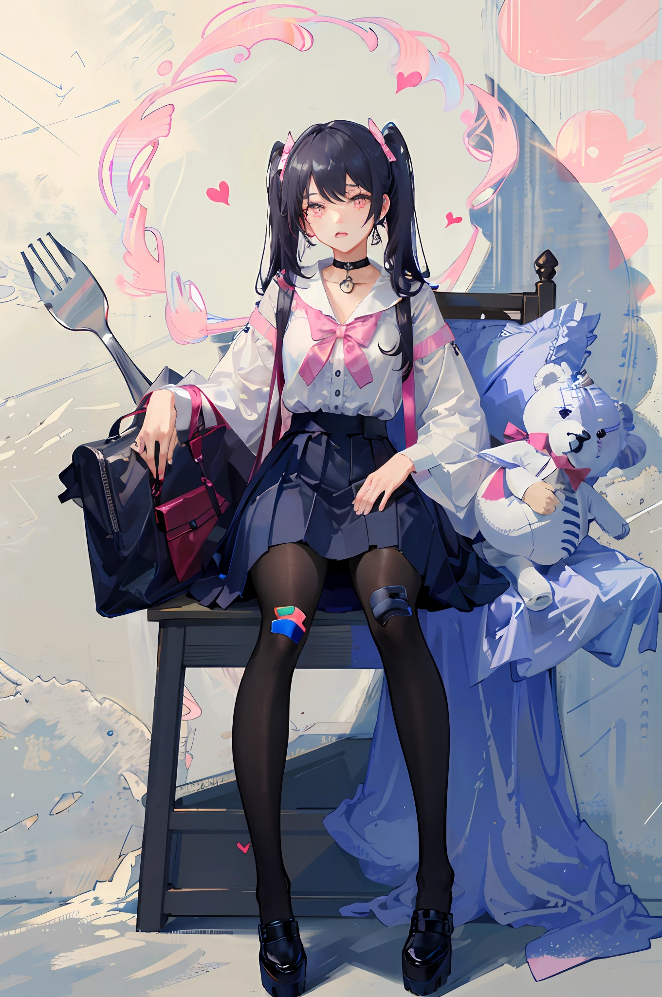 masterpiece, best quality, (jirai_kei),1girl, solo, long_hair, looking_at_viewer, shirt, black_hair, long_sleeves, bow, ribbon, twintails, sitting, monochrome, hair_bow, heart, pantyhose, frills, food, shoes, choker, blunt_bangs, black_skirt, pink_eyes, stuffed_toy, pink_background, stuffed_animal, frilled_skirt, pink_bow, (fishnets), candy, bandaid, pink_shirt, teddy_bear, lollipop, (fishnet_pantyhose), platform_footwear, pink_theme, pill, heart-shaped pupils,