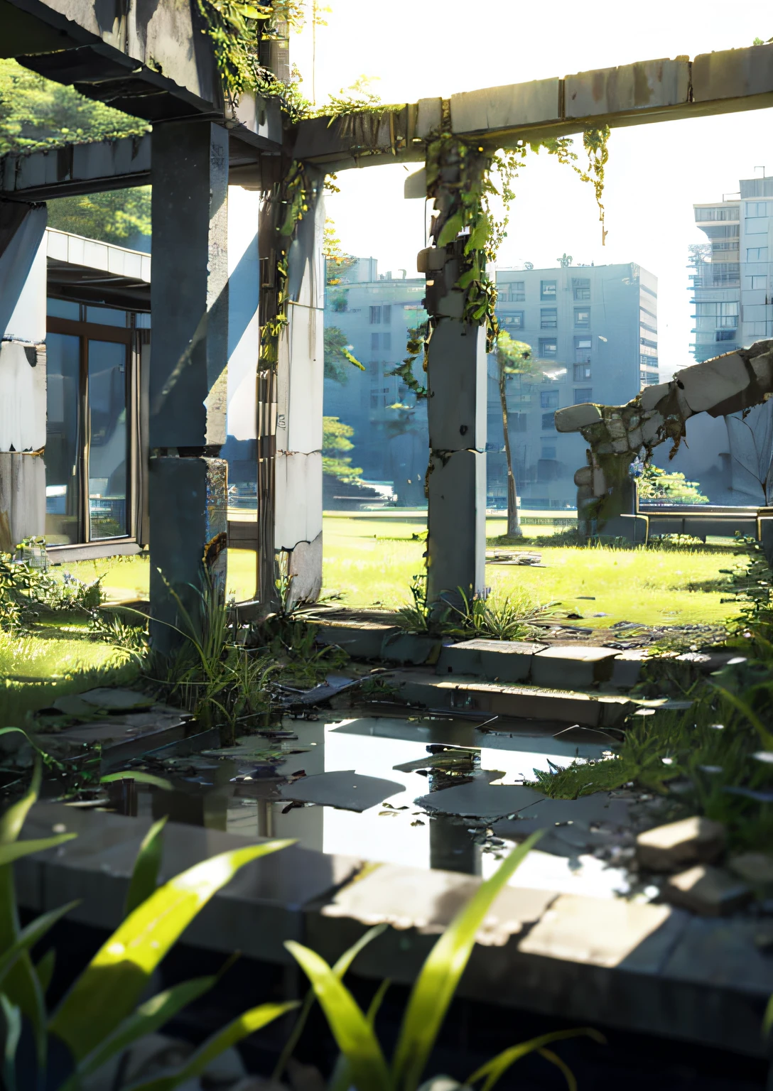 Ruins、teens girl、glass shards、feeling of solitude、​​clouds、Grassy、concrete、Rust