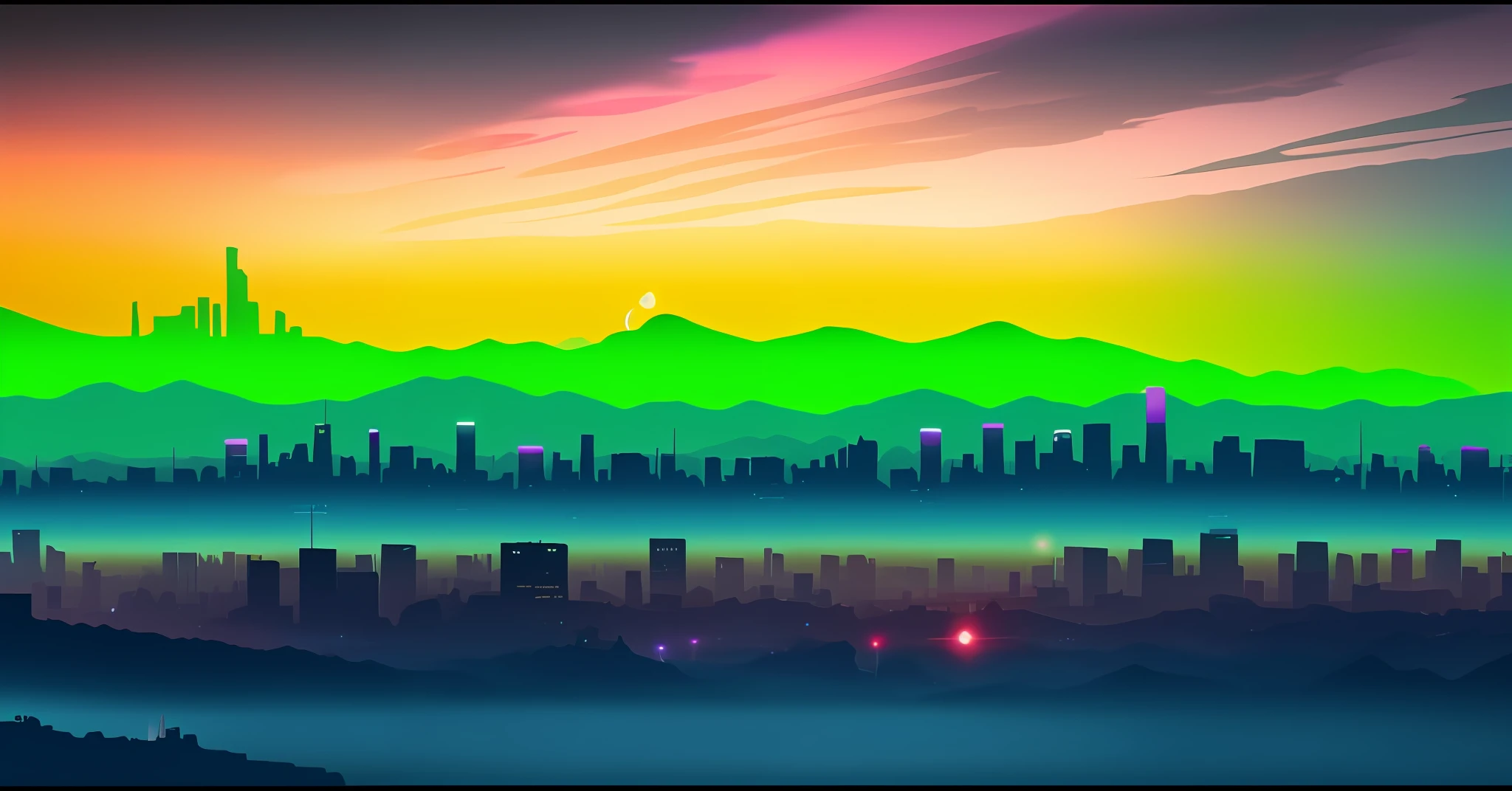 Colorful city skyline，The background is mountains, city sunset mist neon lights, vaporwave city, art deco outrun anime aesthestic, neon landscape, [ 4 k synthwave art style ]!!, vaporwave sunrise background, synthwave city, City sunset, vaporwave sunset, Neon city in the background, Neon City, 4 k hd illustrative wallpaper