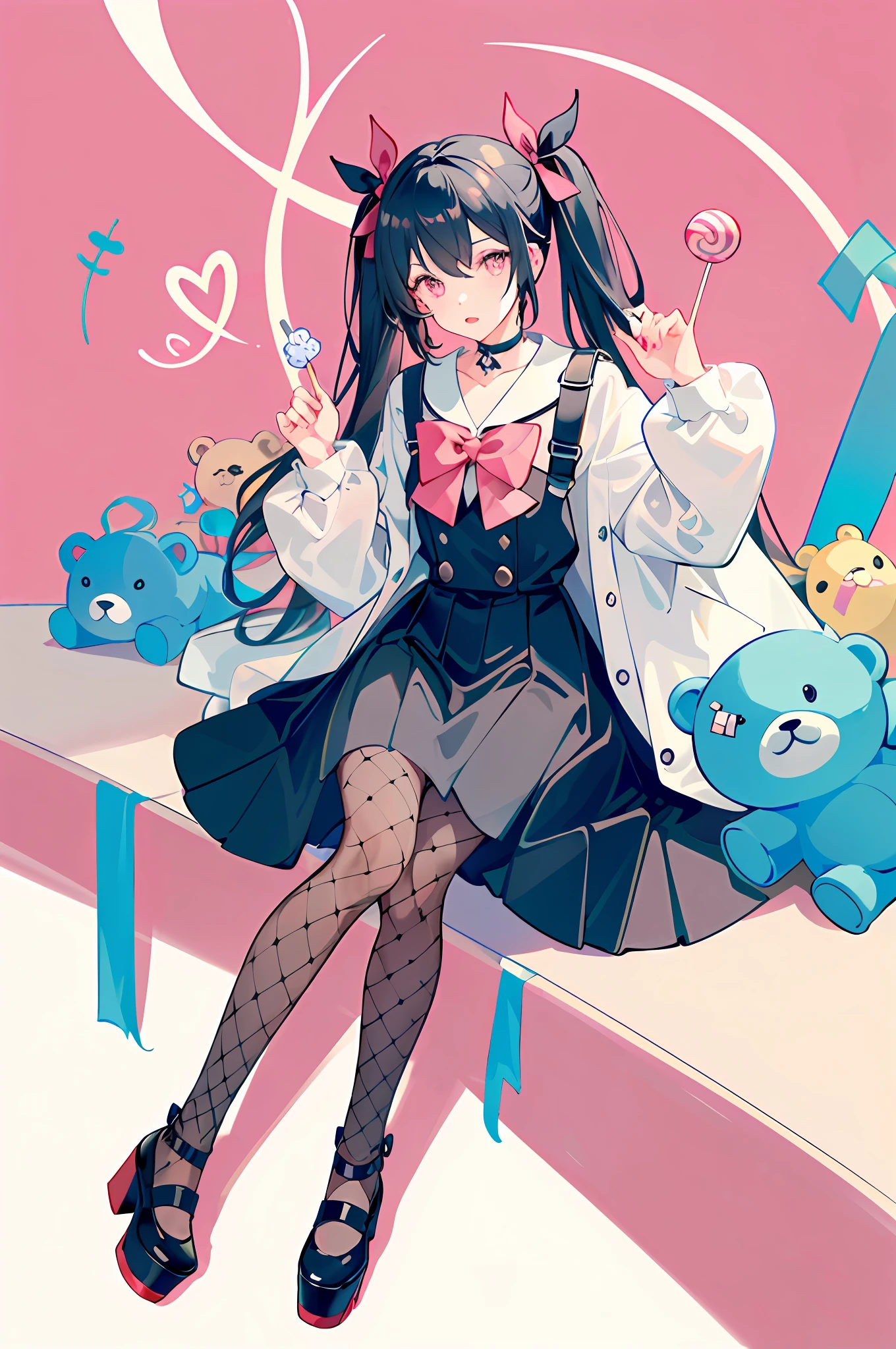 masterpiece, best quality, (jirai_kei),1girl, solo, long_hair, looking_at_viewer, shirt, black_hair, long_sleeves, bow, ribbon, twintails, sitting, monochrome, hair_bow, heart, pantyhose, frills, food, shoes, choker, blunt_bangs, black_skirt, pink_eyes, stuffed_toy, pink_background, stuffed_animal, frilled_skirt, pink_bow, (fishnets), candy, bandaid, pink_shirt, teddy_bear, lollipop, (fishnet_pantyhose), platform_footwear, pink_theme, pill, heart-shaped pupils,