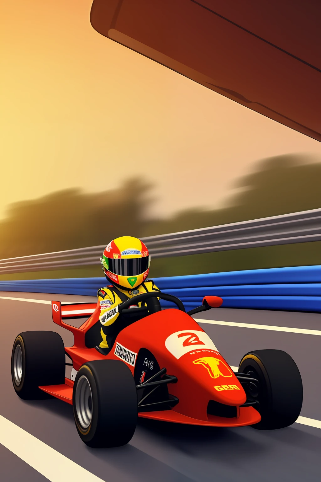 A detailed illustration of a blond and thin boy, wearing a Formula 1 driver costume, holding the helmet in hand, ao lado de um kart. The setting should depict a go-kart track, com destaque para o garoto e o kart, while the background is blurry, emphasizing the thrill of the race.

The boy must be wearing a typical Formula 1 racing jumpsuit, com detalhes realistas, and his features should reflect the emotion and determination of an enthusiastic young pilot. The kart should be represented with attention to detail, from the structure to the small elements that make up the vehicle.

Use cores vibrantes para destacar o traje do menino e o visual esportivo do kart, while background blur helps emphasize the sense of movement and speed.

The scene should convey the excitement and passion of the race, retratando o garoto como um verdadeiro piloto em potencial, pronto para acelerar e sentir a adrenalina nas pistas de kart.