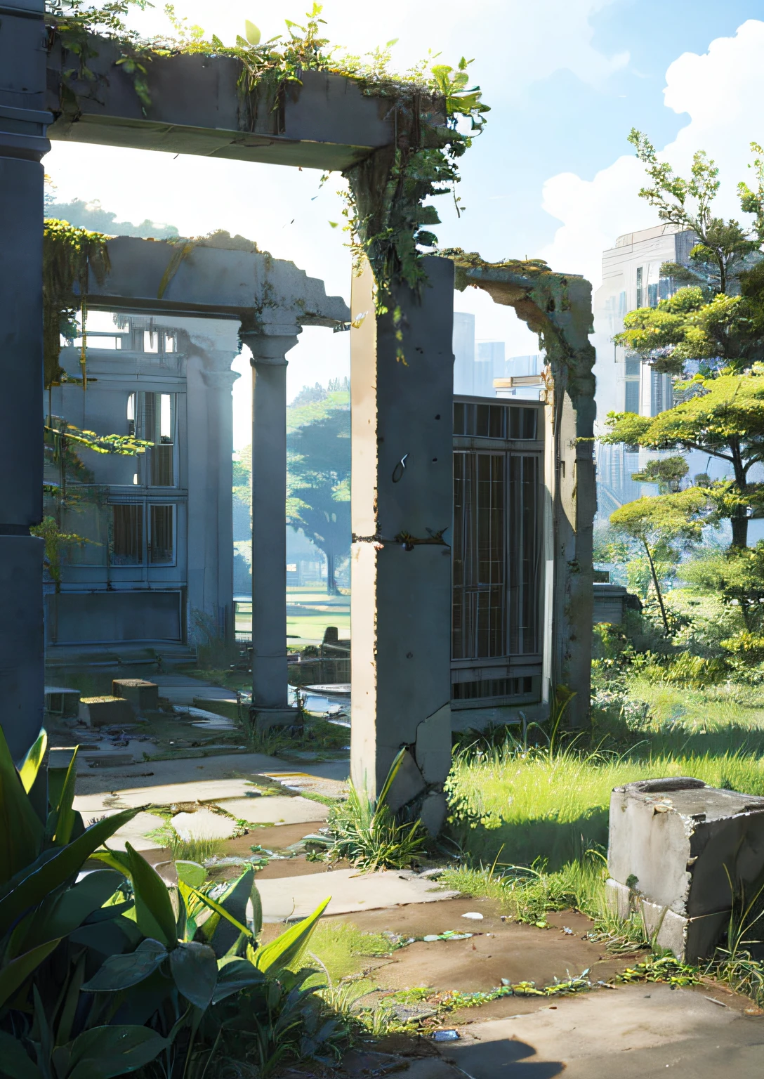 Ruins、teens girl、glass shards、feeling of solitude、​​clouds、Grassy、concrete、Rust