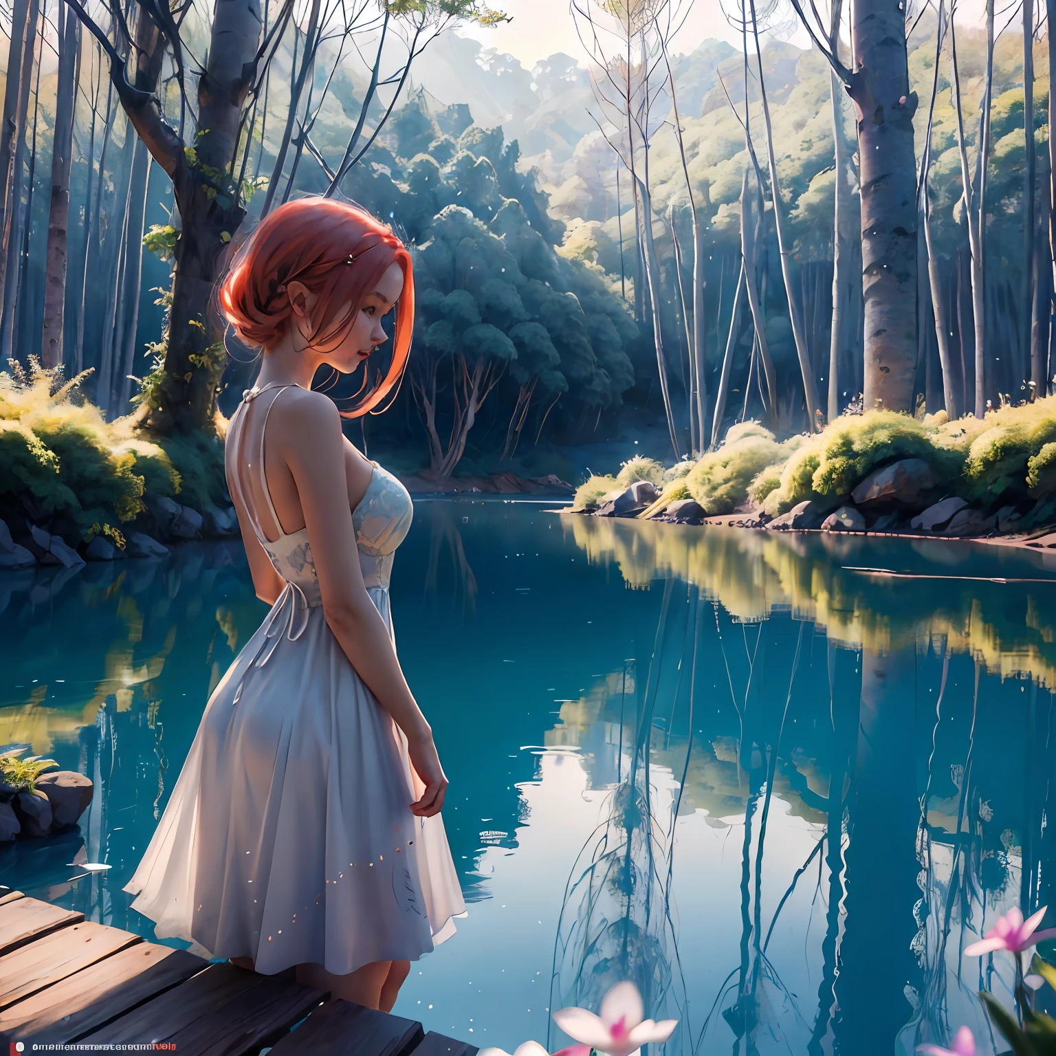 obra-prima, melhor qualidade, (papel de parede CG 8k muito detalhado), (melhor qualidade), (best illustration), (melhores sombras), sprite brilhante,  lago , elementos naturais no tema da floresta . floresta misteriosa, bela floresta, Natureza, cercada por flores, folhas delicadas e galhos cercados por vaga-lumes (elementos naturais), (tema da selva), (folhas), (galhos), (vaga-lumes), (particle effects) etc. ..3d , Octane renderização, ray tracing, super detalhado, uma mulher de gengibre em um lago, usando vestido molhado branco, red hair, red head, corte pixie, olhos violetas, vestido apertado muito molhado,