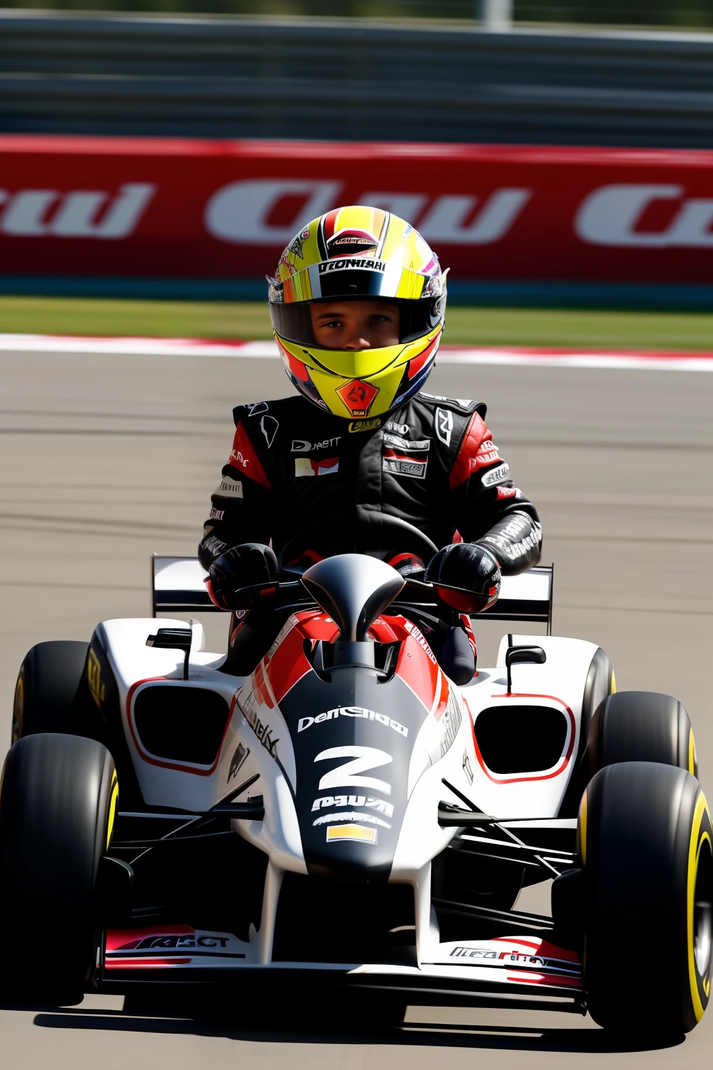 A detailed illustration of a blond and thin boy, wearing a Formula 1 driver costume, holding the helmet in hand, ao lado de um kart. The setting should depict a go-kart track, com destaque para o garoto e o kart, while the background is blurry, emphasizing the thrill of the race.
The boy must be wearing a typical Formula 1 racing jumpsuit, com detalhes realistas, and his features should reflect the emotion and determination of an enthusiastic young pilot. The kart should be represented with attention to detail, from the structure to the small elements that make up the vehicle.
Use cores vibrantes para destacar o traje do e o visual esportivo do kart, while background blur helps emphasize the sense of movement and speed.
The scene should convey the excitement and passion of the race, retratando o garoto como um verdadeiro piloto em potencial, pronto para acelerar e sentir a adrenalina nas pistas de kart.