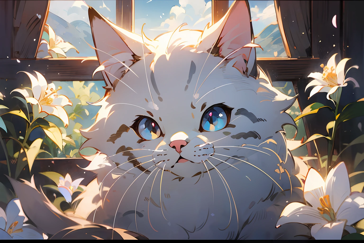 cute white puppet cat, hayao miyazaki dream style, surrealist animal illustration, bow, flowers, window, sky, meiji art, light color color painting, rich layers, realistic figurative painting, realistic hyper-detail portrait style, neo-traditional japan, soft edges, fantastic illustration, (very detailed CG unity 8k wallpaper), clean background, natural light, best quality, hyperdetail,