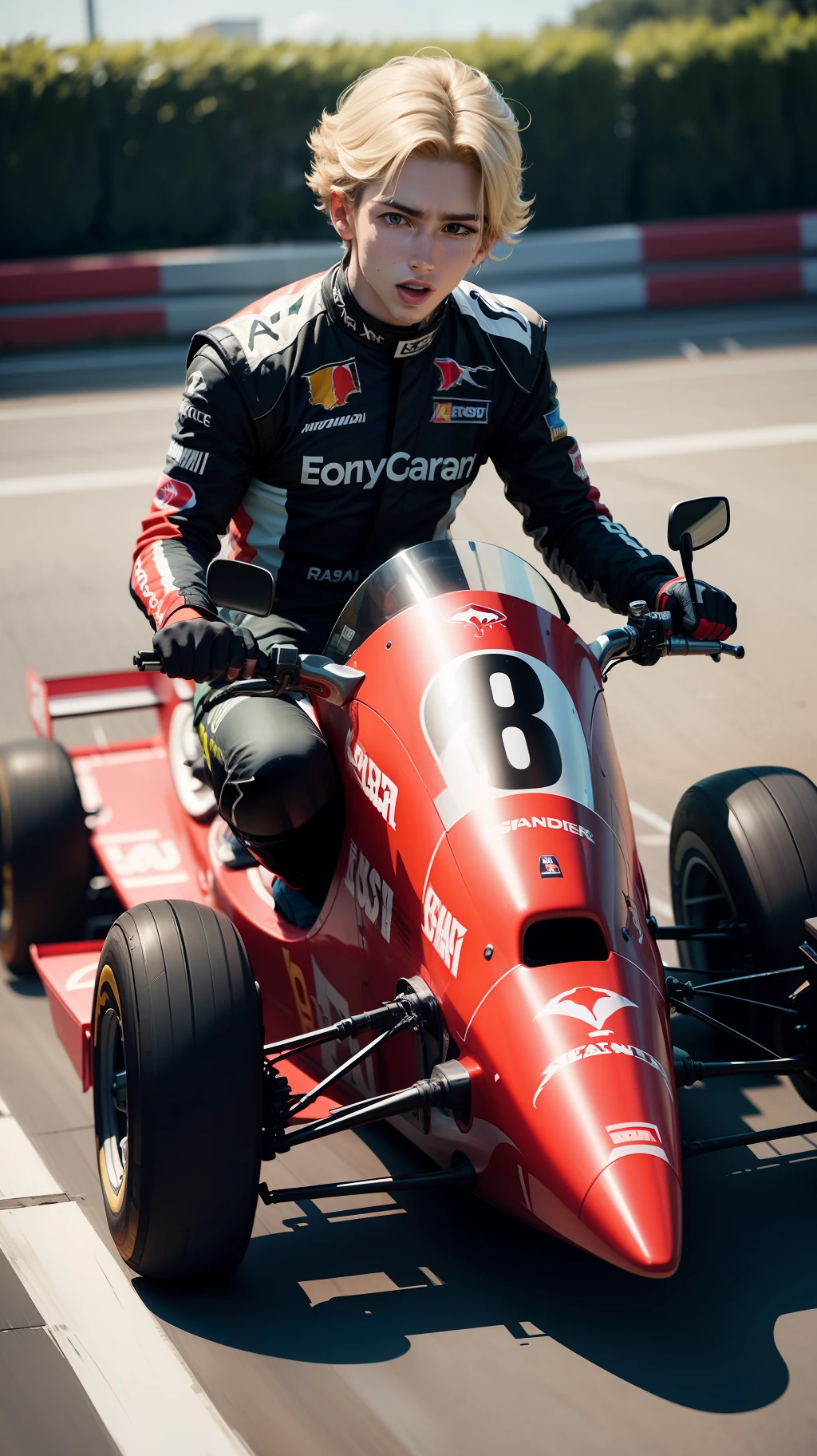 A detailed illustration of a blond and thin boy, wearing a Formula 1 racer's costume, holding the helmet in your hand, ao lado de um kart. The setting should depict a go-kart track, com destaque para o garoto e o kart, while the background is blurred, emphasizing the thrill of the race.

The boy must be wearing a typical Formula 1 racing jumpsuit, com detalhes realistas, and his features should reflect the excitement and determination of an enthusiastic young pilot. The kart should be represented with attention to detail, from the structure to the small elements that make up the vehicle.

Use vibrant colors to highlight the boy's costume and the sporty look of the kart, while background blur helps emphasize the sense of movement and speed.

The scene should convey the excitement and passion of the race, retratando o garoto como um verdadeiro piloto em potencial, pronto para acelerar e sentir a adrenalina nas pistas de kart.