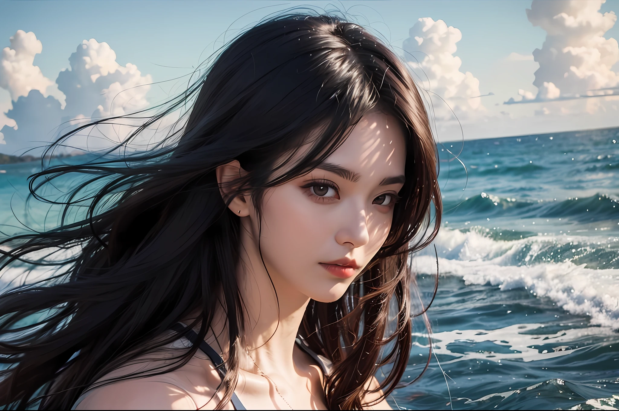 beachside,The wind blows long black hair