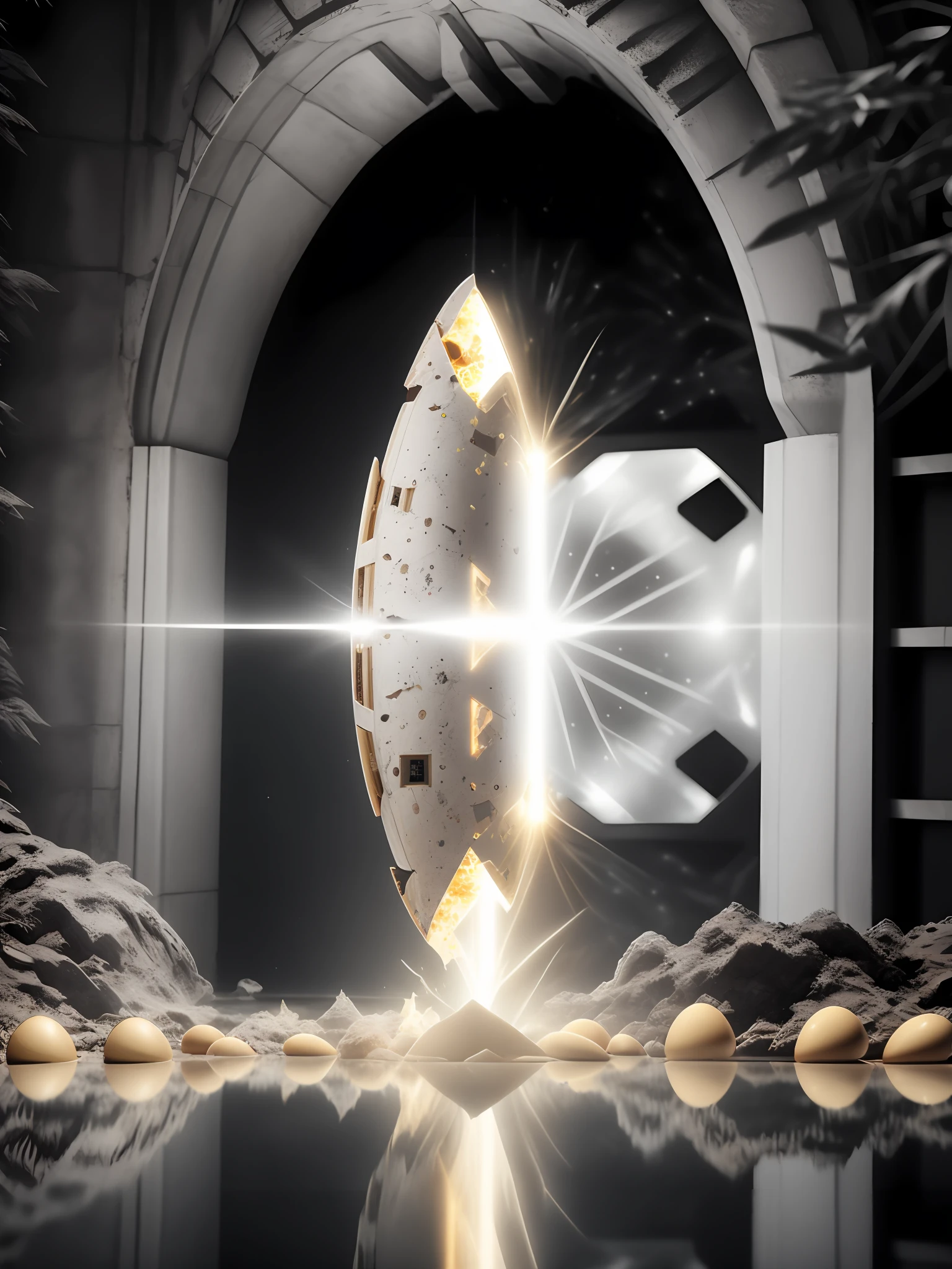 Efecto Shatter en After Effects, un huevo grande con un agujero en una superficie oscura, Arte digital 3D 4K, Cinema 4D Bright Light Render, cine 4 d art, Renderizado 3D Arte Digital, Humpt dumpty en forma de huevo, Digital Artistic Representation, Renderizado de alta calidad, Magic Frozen Ice Phoenix Egg, Cine 4D renderizado, Cine 4D renderizado, fondo blanco, barra diagonal de color, Aint Unreal Engine, octano (huevos rotos | intrincado Cristo:1.27) Como ilustrado por Simon Bisleyiplice & Chris Hemsworth W 1 0 8 2 sosteniendo Aeons Old Weapon + Espada ornamentada y detallada + New technology from Angel Wings + Arte de concepto sagrado + Carne hiperrealista, Fuego procesal en After Effects. Naves de Star Wars volando alrededor