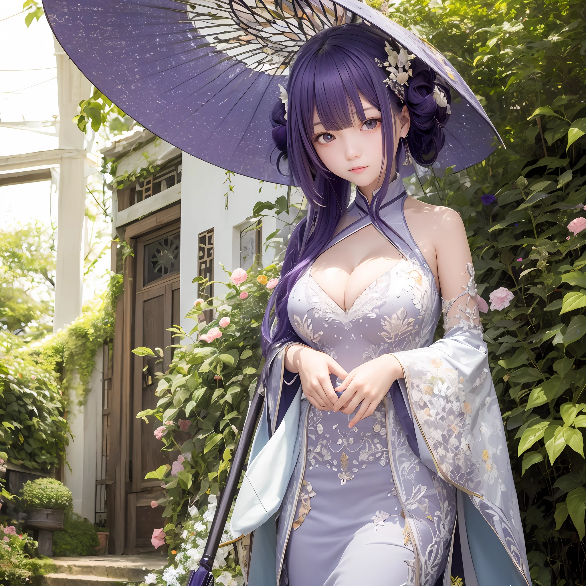 The upper part of the body、1人、Silvery hair、Bun hair、mansion、Purple Eye、Gorgeous Ao Dai、off shoulders、Very large breasts、Chest、holding umbrella、Japan anime-style odd eye spell,