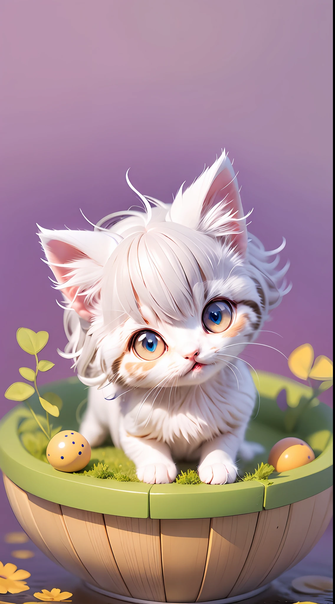 A white-haired kitten,adolable,cleanness,spherical,afloat,shaggy,Big eyes,Non-human,In purple,Simple,ssmile,Funny,Morandi color system,looking to the right,To the right