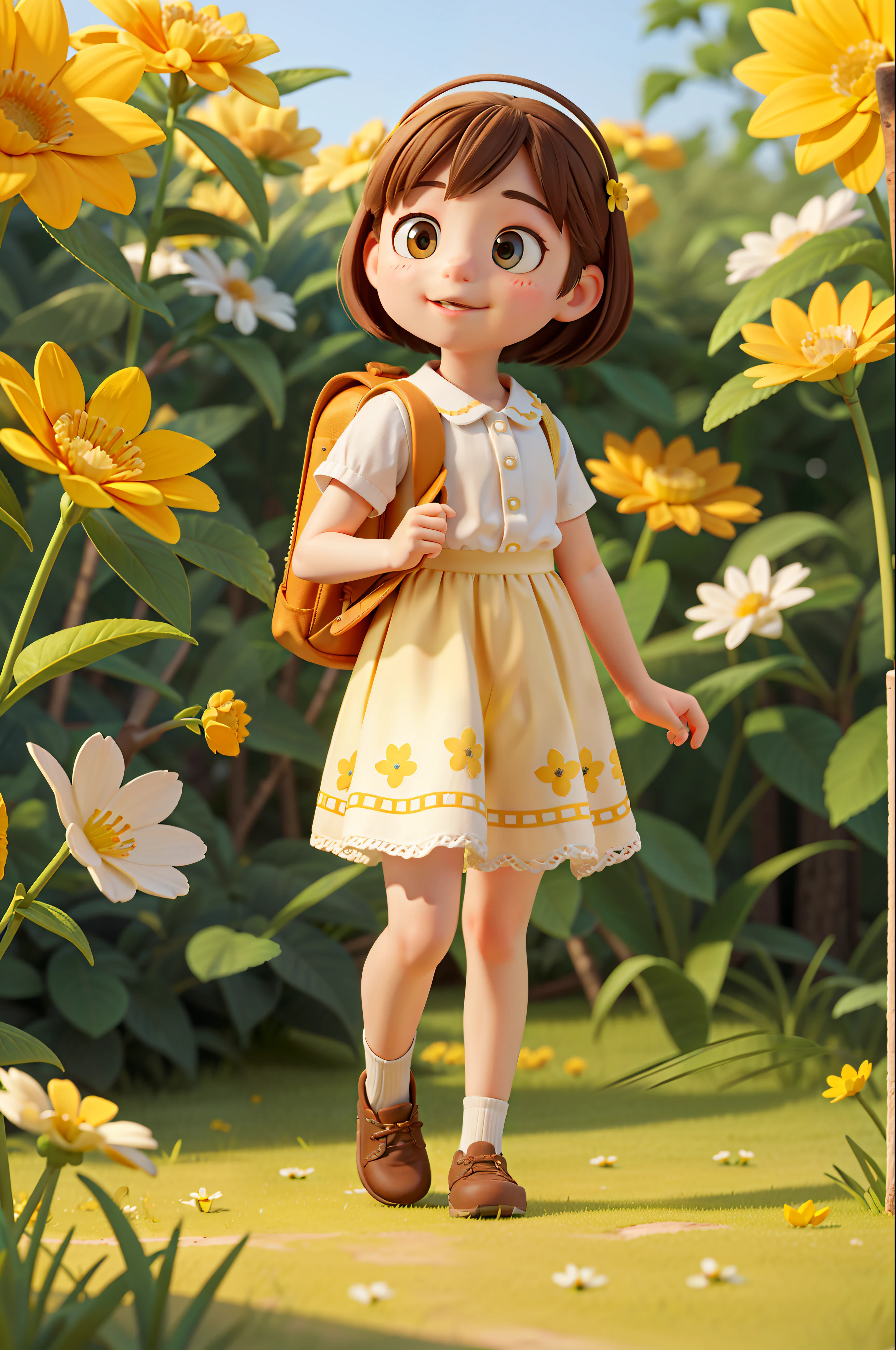 A very charming  girl with a backpack and her bearded dad and their yellow and white puppy，Enjoy a lovely spring outing surrounded by beautiful yellow flowers and nature。The illustration is a high-definition illustration in 4K resolution，With very detailed facial features and cartoon-style visuals