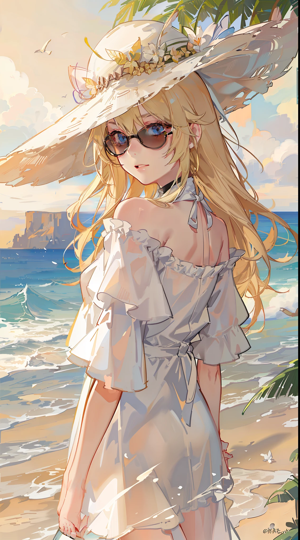 Become a woman。Blonde long-haired woman。Wearing a white dress、Wearing a white hat and sunglasses。We are in Hawaii。I'm at Sunset Beach。It is a colorful picture。It is an anime-style illustration。Beautiful with the best image quality