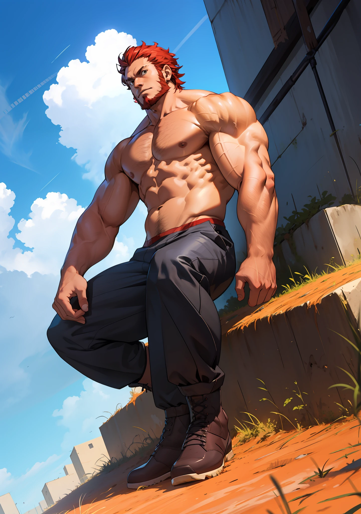 Iskandar,Solo, 1人, Male,Handsome, Boots, Muscular, large pecs,Daily life photos， Rubber pants，Blue sky background，Shirtless