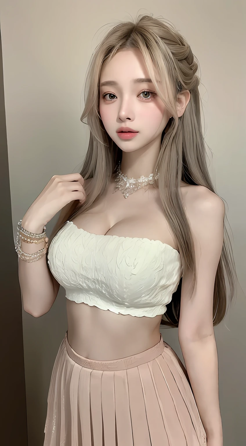 perfect figure beautiful woman：1.4，Layered Hair Style，Protruding cleavage：1.2，Bandeau：1.5，Superskirt，Highly Detailed Face and Skin Textur，二重まぶた，Whiten the skin，long whitr hair，Bracelet，Full body photo