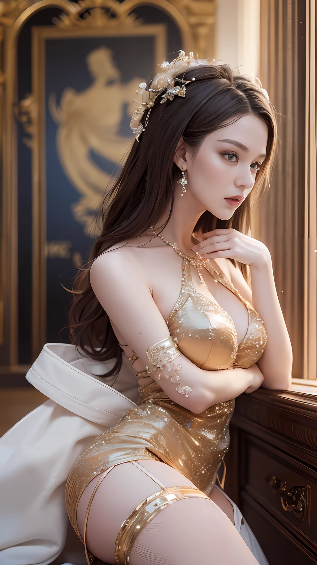 Noble royal sister,Royal sister style,tmasterpiece,(Noble and sexy evening dress), Slender legs, 8 k hd wallpaper ,Delicatemakeup ,delicated face ,The most beautiful face,closeup of face,High cold temperament,eyes with brightness,Smooth and delicate skin,The skin glows,Delicate velvet stockings ,high-heels ,Exquisite and gorgeous costumes,Gold tones,Luxurious and detailed background,Very detailed details,HighDynamicRange,Ray traching,NVIDIA RTX,Hyper-Resolution,Unreal 5,sub surface scattering,PBR Texture,Post-processing,Anisotropic filtering,depth of fields,Maximum clarity and sharpness,Many-Layer Textures,Albedo e mapas Speculares, Surface coloring,Accurate simulation of photo-material interactions,perfectly proportions,rendering by octane,twotonelighting,Low ISO,White balance,trichotomy,largeaperture,8K original,High-Efficiency Sub-Pixel,filmgrain,Luminous Particle,full bodyesbian,Faraway view,sneak shot,Golden section。