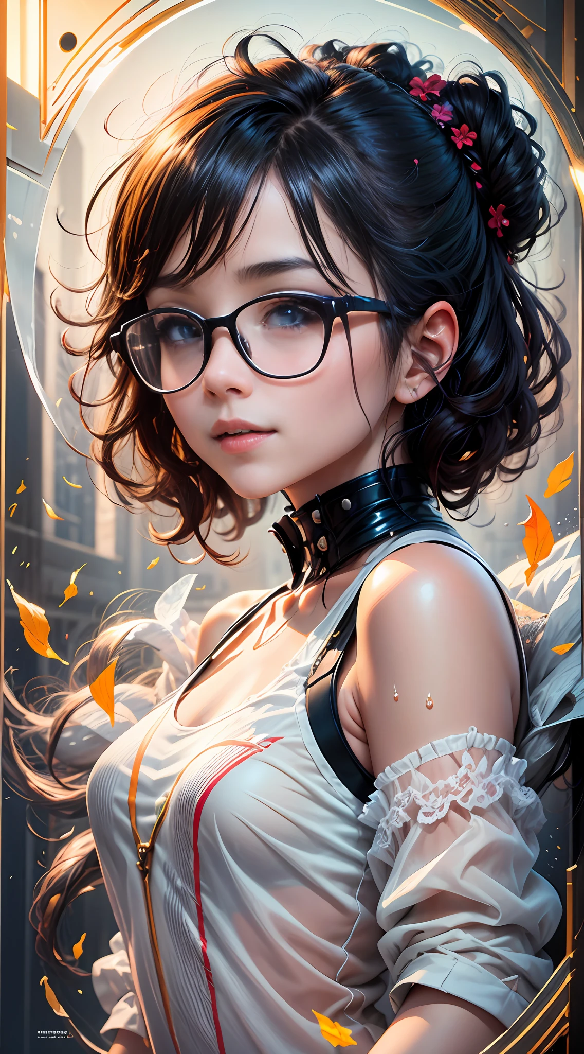 Portrait of a girl, (face: 1.2), detailed eyes, glasses, short dark hair, shiny skin, wet skin, shy expression, outdoors, low angle, closed mouth, smiling, ulzzang-6500-v1. 1, Shallow depth of field, [Volume Fog], cinematic lights, reflections, 8k resolution, delicateabsurdres, (extremely detailed CG 8k wallpaper), (extremely delicate and beautiful), beautiful lighting, (masterpiece), (best quality: 1.0), (ultra high resolution: 1.0), the most realistic photos beautiful artwork in the world, artgerm, cutesexyrobutts, Ed Blinkey&#39;s professional majestic oil paintings, perfect lightning, [clear focus], bokeh, realistic shadows , [High Resolution], Trending, Detailed Skins, (Masterpiece, Best Quality, High Resolution, Image Ref: 1.1), Ultra Detailed