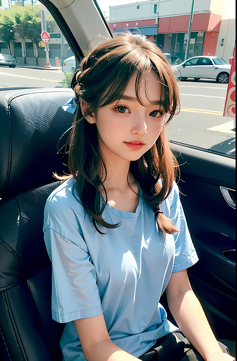 Hair is slightly curled，Seventeen or eight years old，Flower season girl，Delicate facial features，ssmile，Sitting in Car，The picture shows the girl sitting by the car window，The windows are open, The streets outside are full of traffic，，Wear a light blue shirt，Best quality at best，tmasterpiece，photograph of-realistic