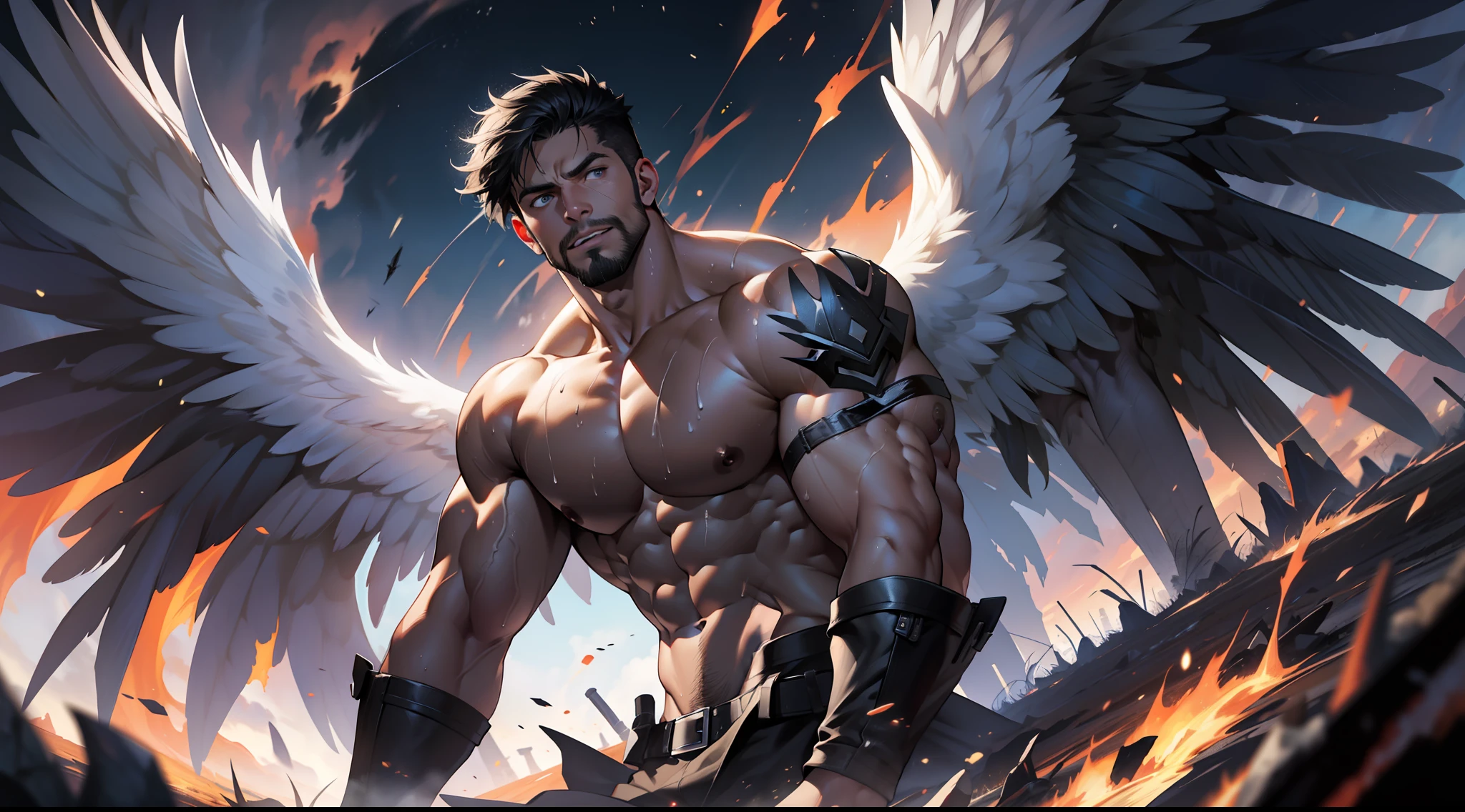 masterpiece, best quality, face, natural eyes, 1man, european, big feet, black socks, (no shoes), full body, large bulge, long legs, looking at viewer, 30 years old, muscled and mature, short haircut, face covered with white fluids, sweating, tight cloth, erecting, smirks, solo, white skin, muscular, muscle man, tall, hunk, big biceps, abs, wide shoulder, open chest, facial hair, black short hair, wet body, wet hair, viewer looking, high resolution:1.2, best quality, full body, flat style, dark sky, a male angel with huge black wings walking on the burning field, fire on the ground, dark angel, black wings, tatooed arms, remote camera, walking,